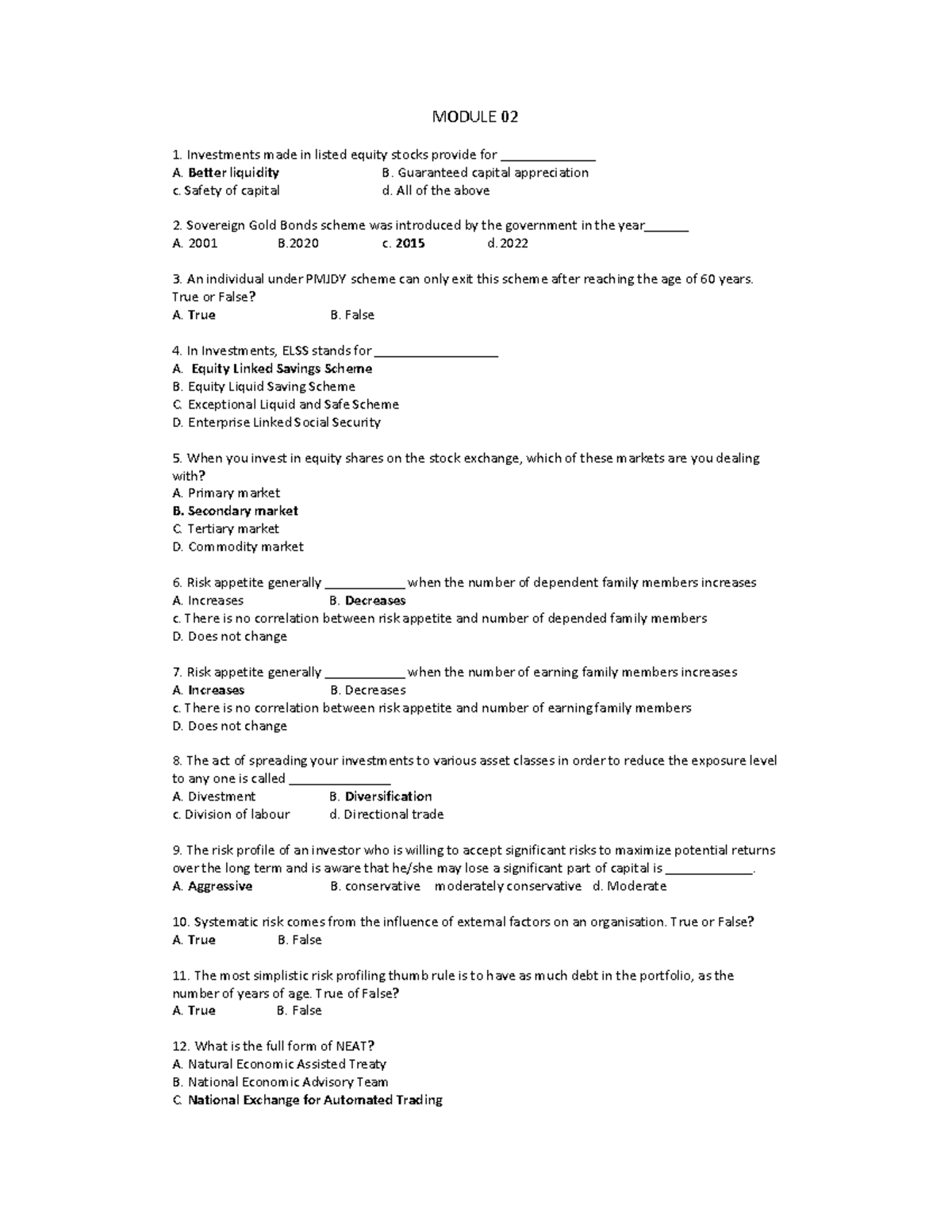MCQ Module 02 - Investments and Financial Analysis - Studocu