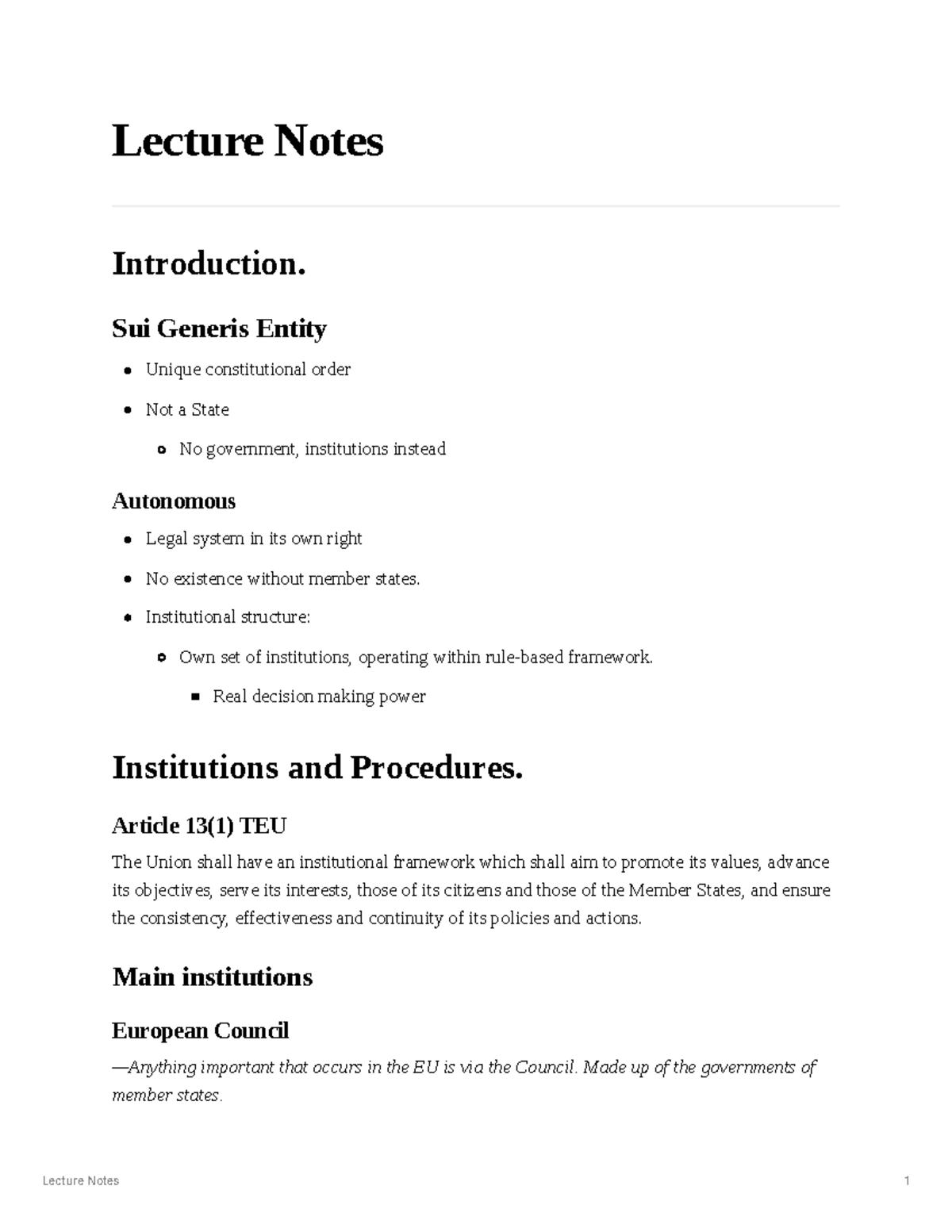 EU Institutions - Lecture Notes on Unique Constitutional Order and ...