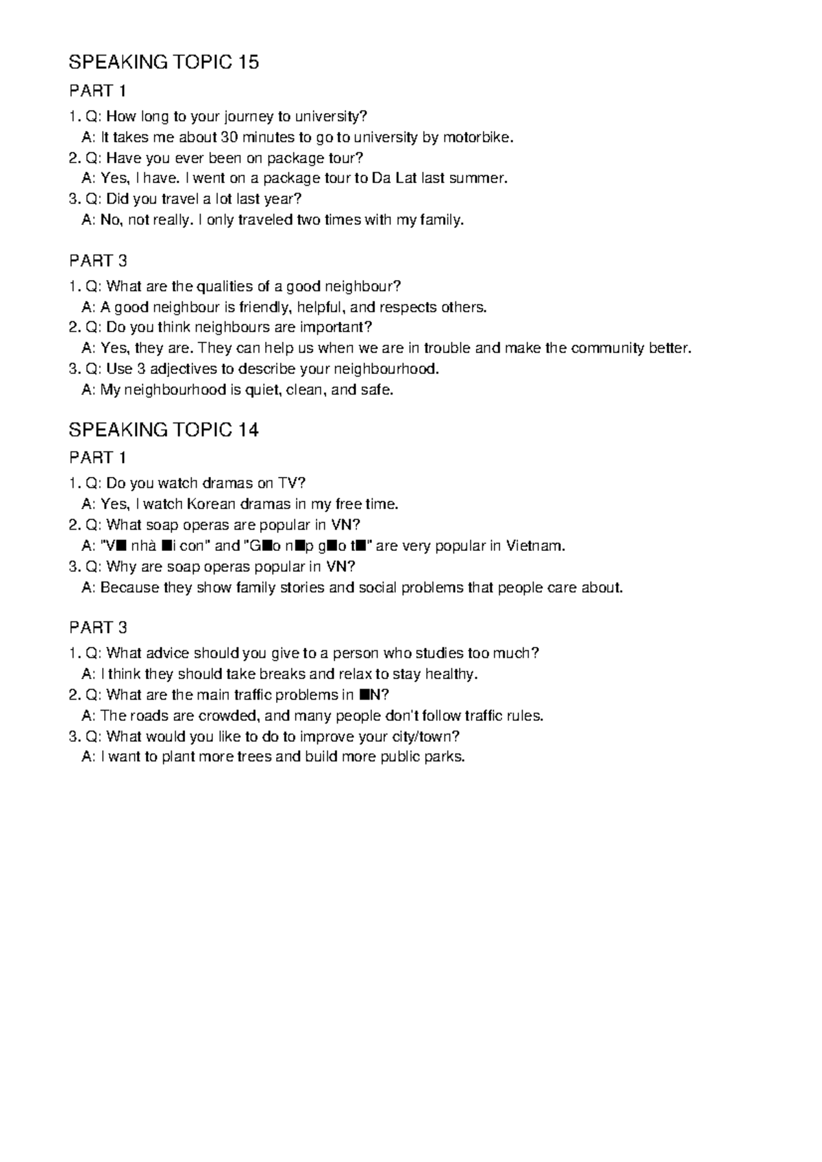 Speaking Topics 14 & 15 A2: Q&A Practice Guide - Studocu