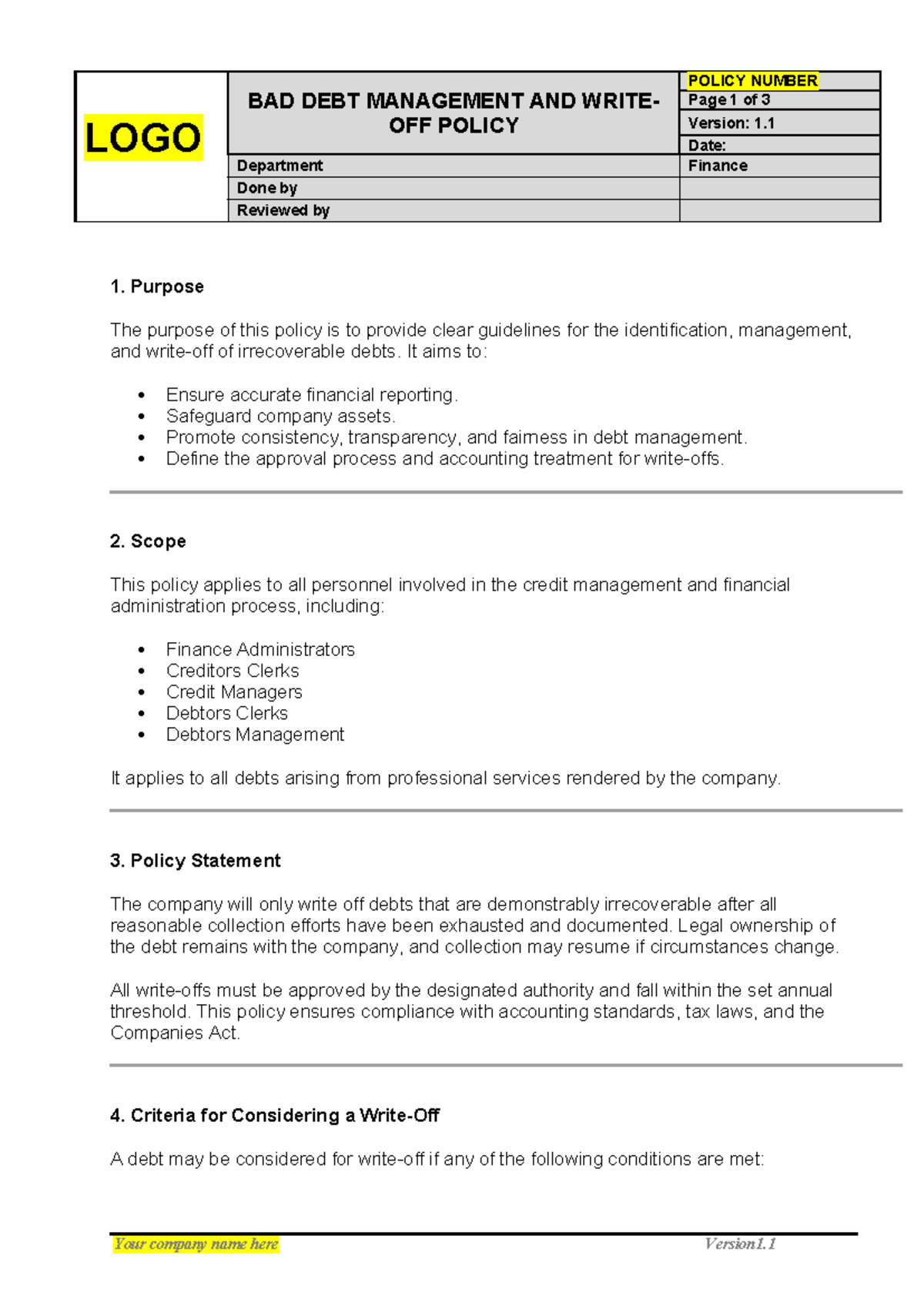 LOGO BAD DEBT MANAGEMENT & WRITE-OFF POLICY - Version 1.1 - Studocu