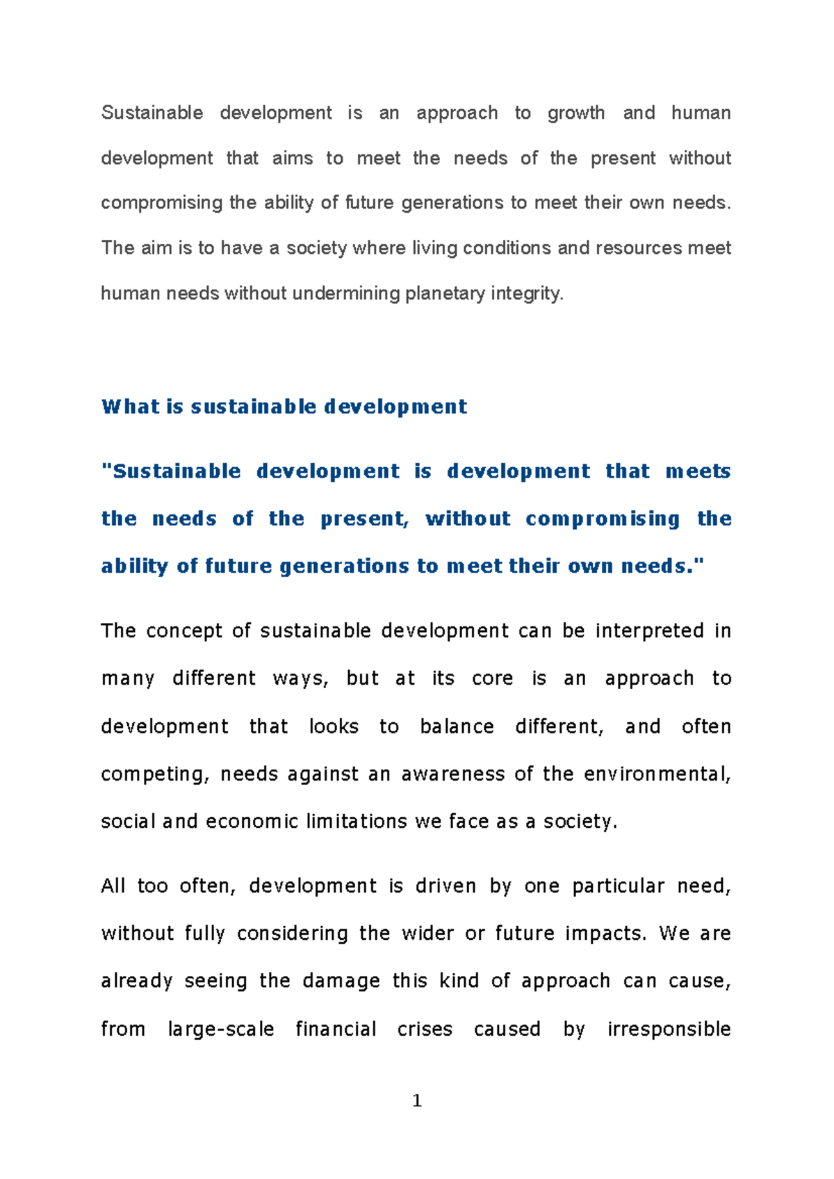 Sustainable Development Notes Week 1 & 2 - Sustainable development is ...