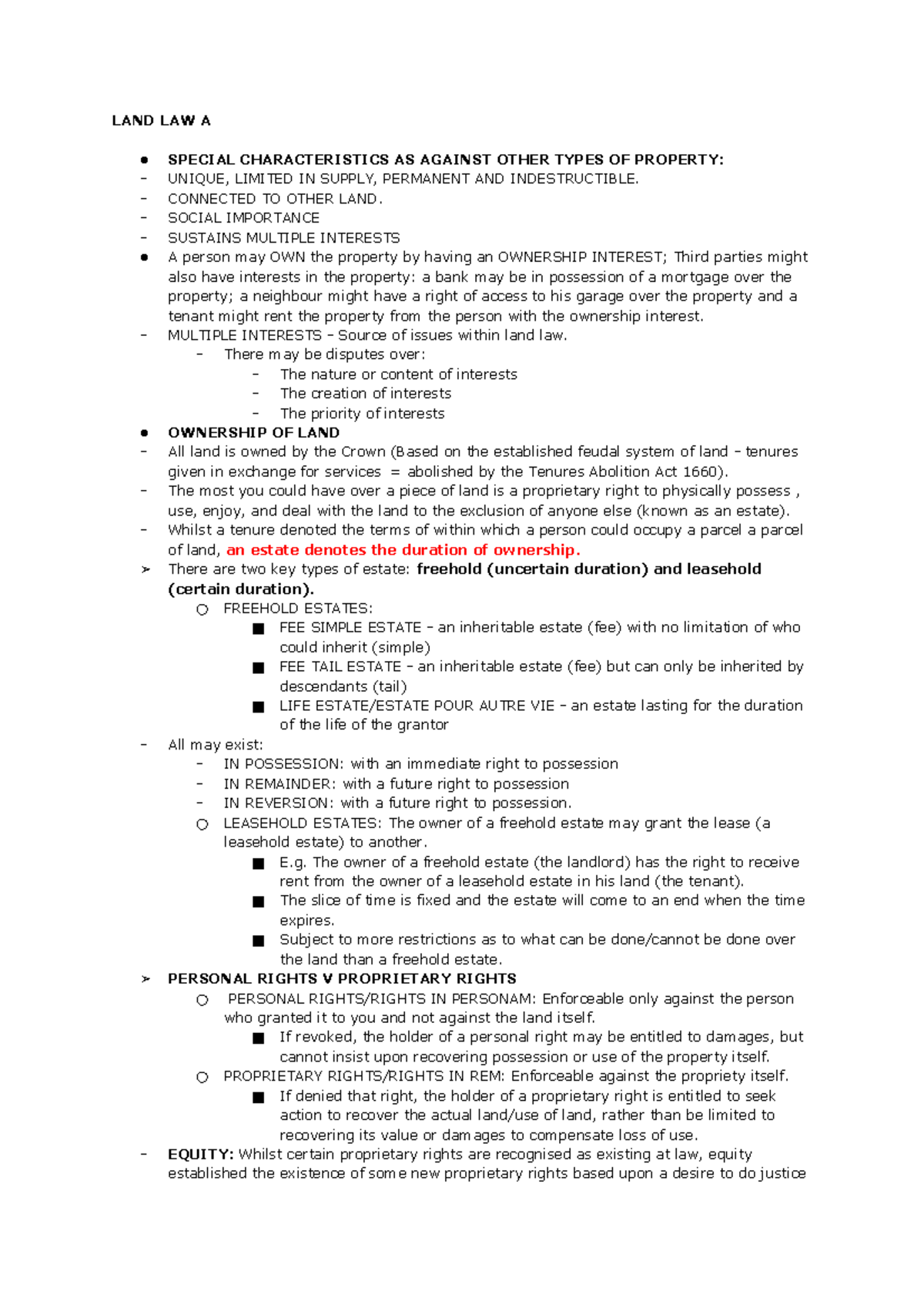 Summary of LAND LAW A: Ownership, Rights, and Legal Frameworks - Studocu