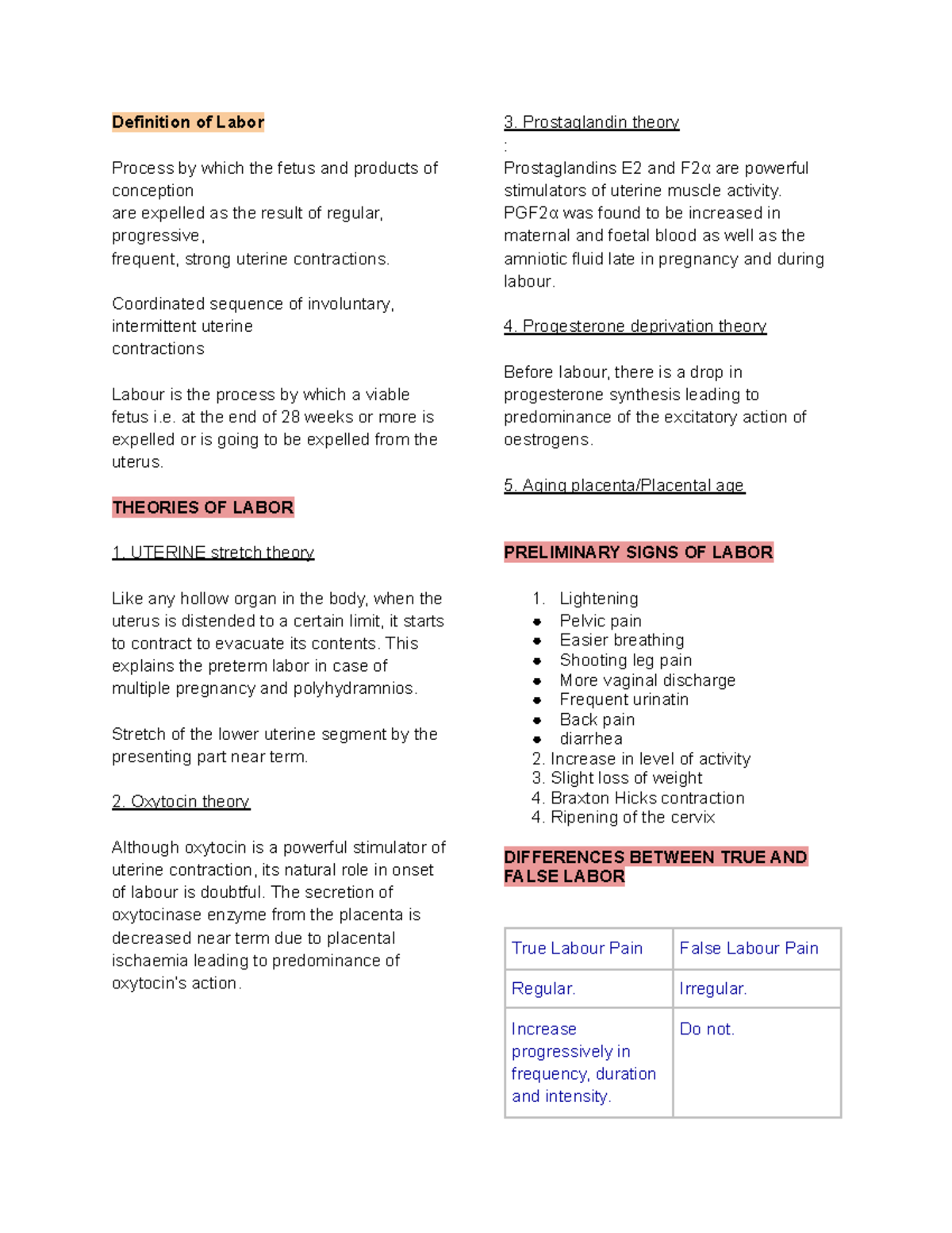 Midterms mcn notes - Definition of Labor Process by which the fetus and ...