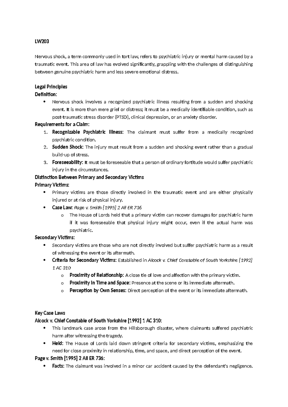 LW Torts: Nervous Shock - Summary of Legal Principles and Case Law ...