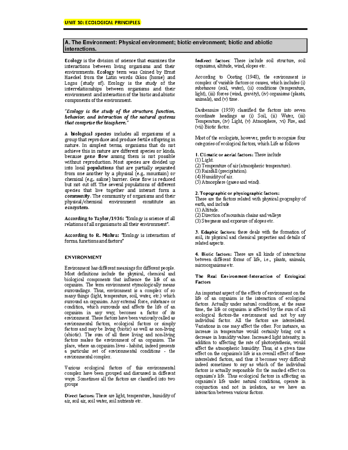 CSIR Unit 10 - Comprehensive Ecology Notes and Environment Factors ...