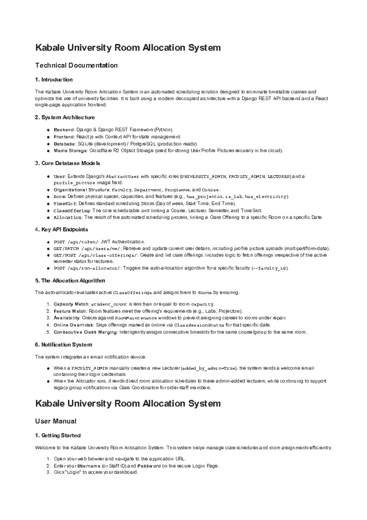 Kabale University Room Allocation System Technical Documentation - Studocu