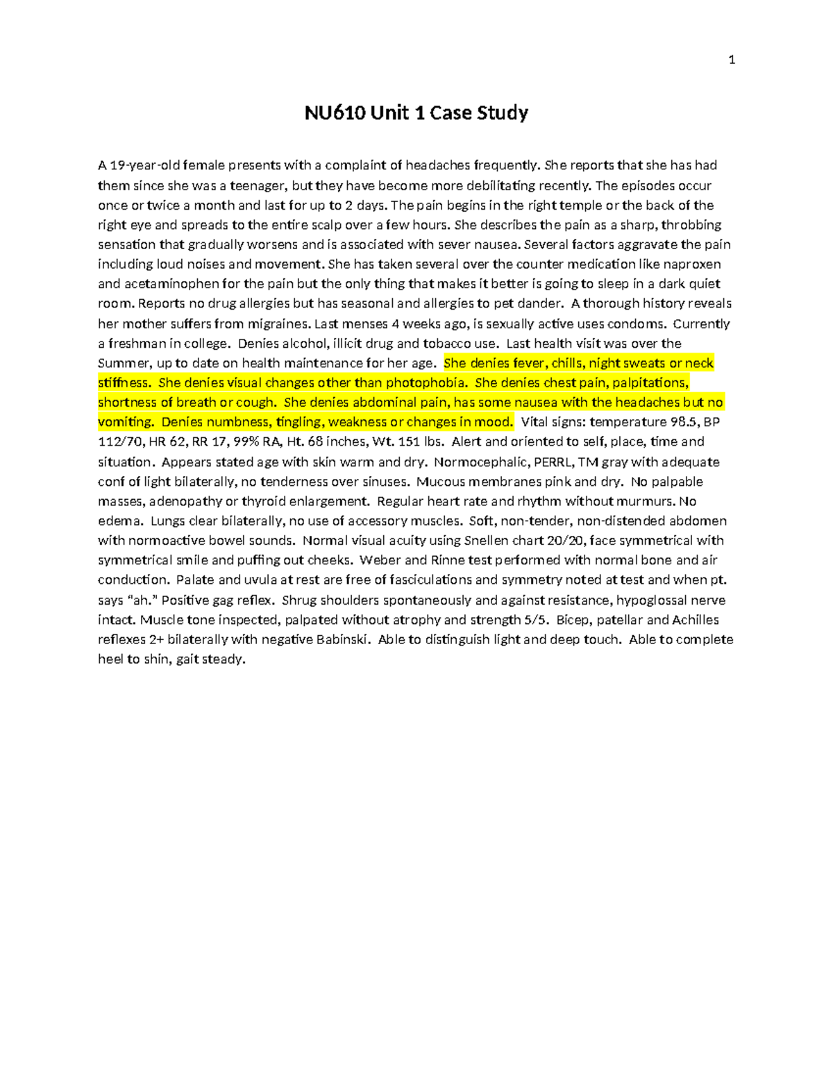 NU610 Week 1 Case Study: Analysis of a 19-Year-Old with Headaches - Studocu