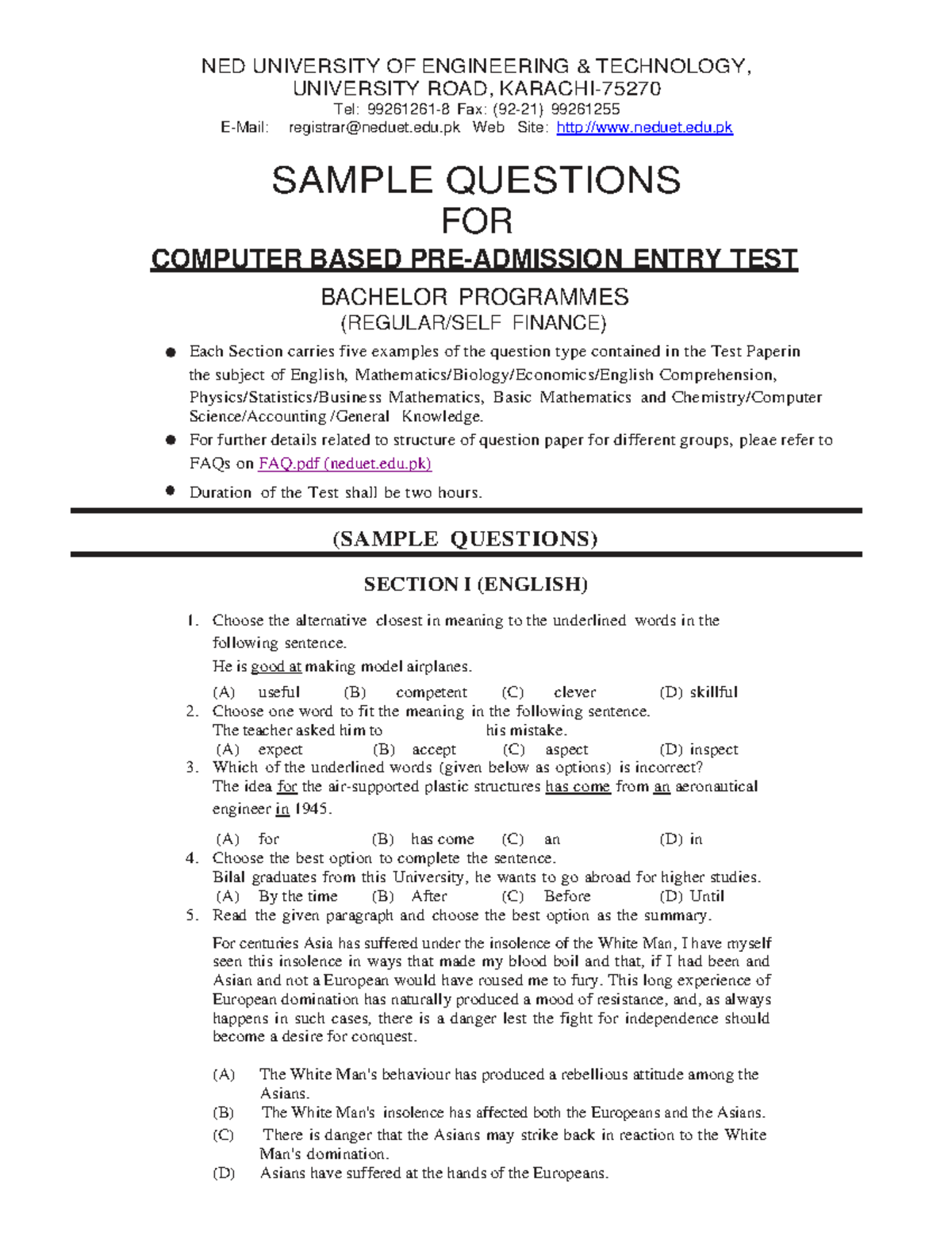 Sample Questions for Computer Based Pre-Admission Test - Studocu