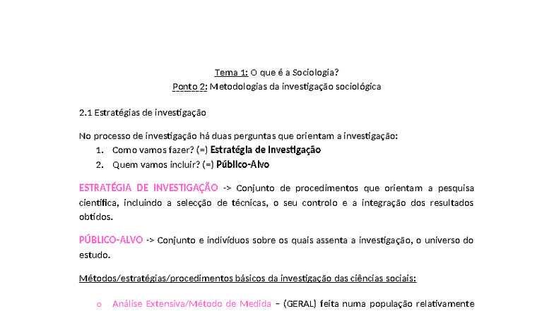 Resumos de Sociologia: Tema 1 - Metodologias de Investigação - Studocu