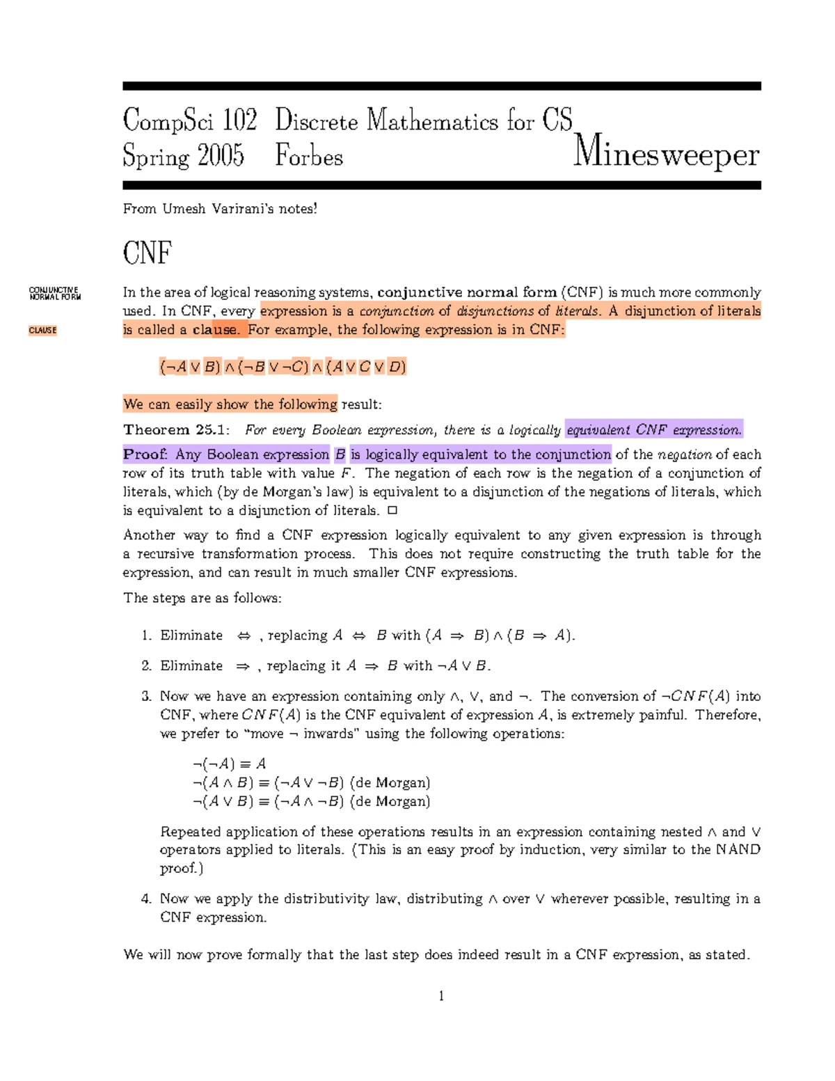 CompSci 102 Final Exam Notes: CNF in Minesweeper Logic - Studocu