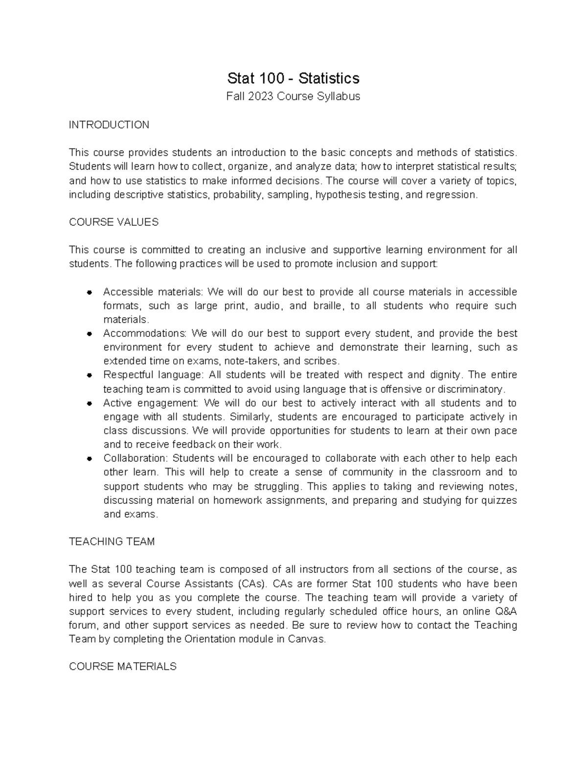 Stat 100 - Statistics Fall 2023 Course Syllabus and Overview - Studocu