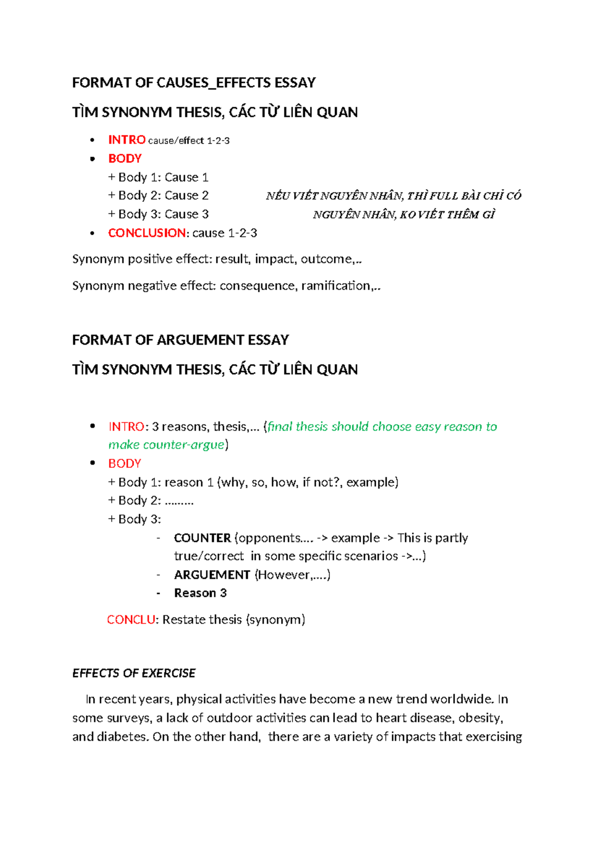 Format Writing: Causes-Effects & Argument Essays Overview - Studocu