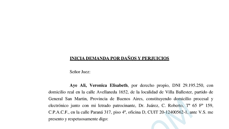 Modelo de Demanda por Daños y Perjuicios - Cód. Civil - Studocu