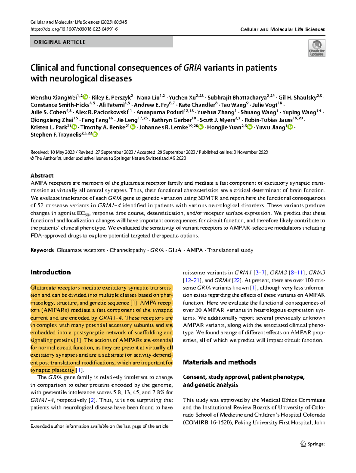 (XW2023) GRIA Variant Impact on Neurological Disease: Functional ...