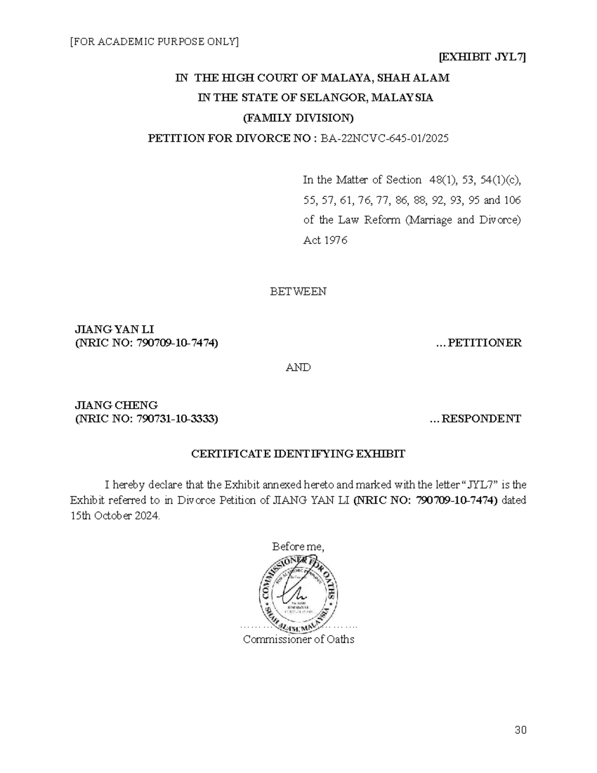 Exhibit JYL7 Reconciliation CERT - [FOR ACADEMIC PURPOSE ONLY] [EXHIBIT ...