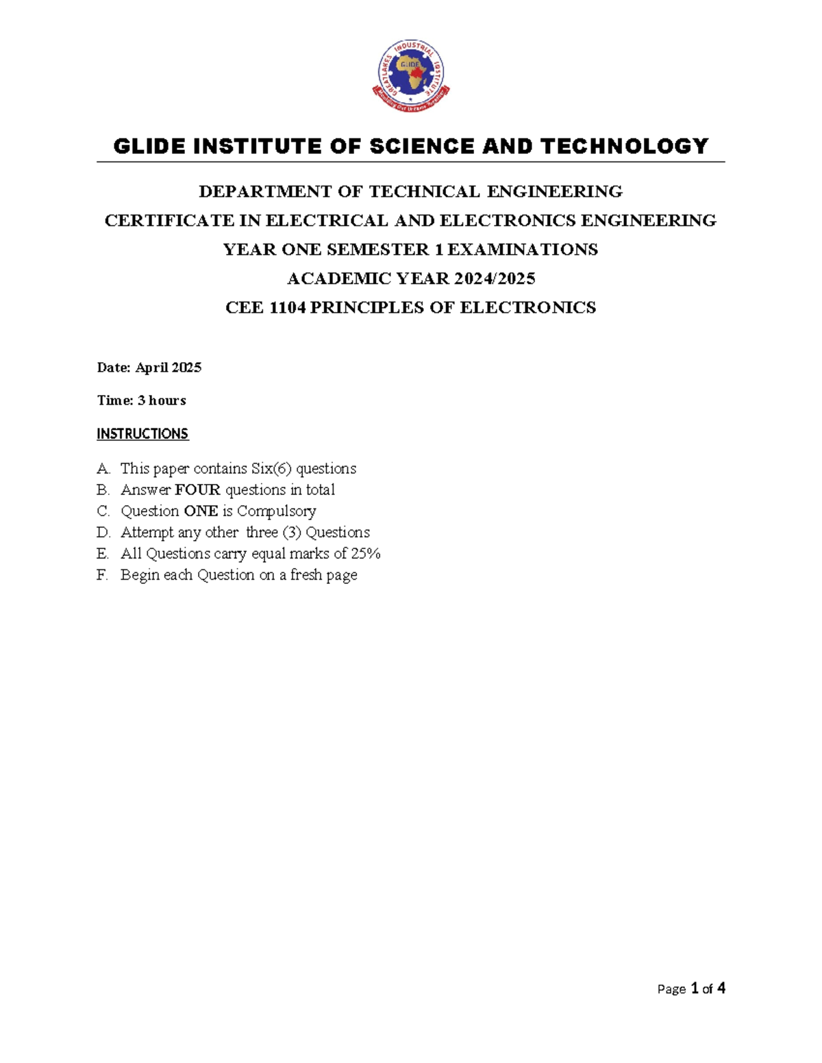 CEE 1104 Final Exam: Principles of Electronics Guide - Studocu