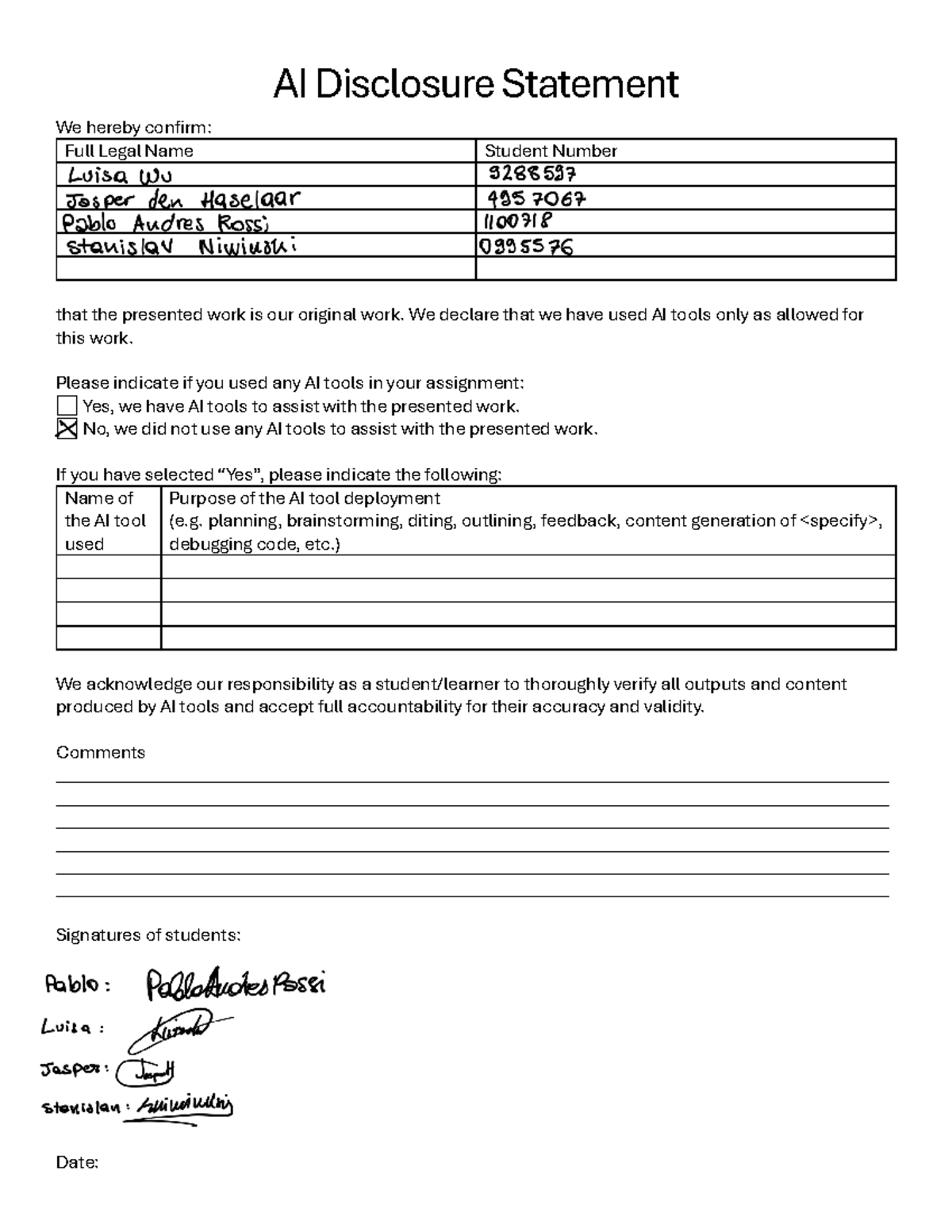 AI Disclosure Statement for Student Work Verification - Studeersnel