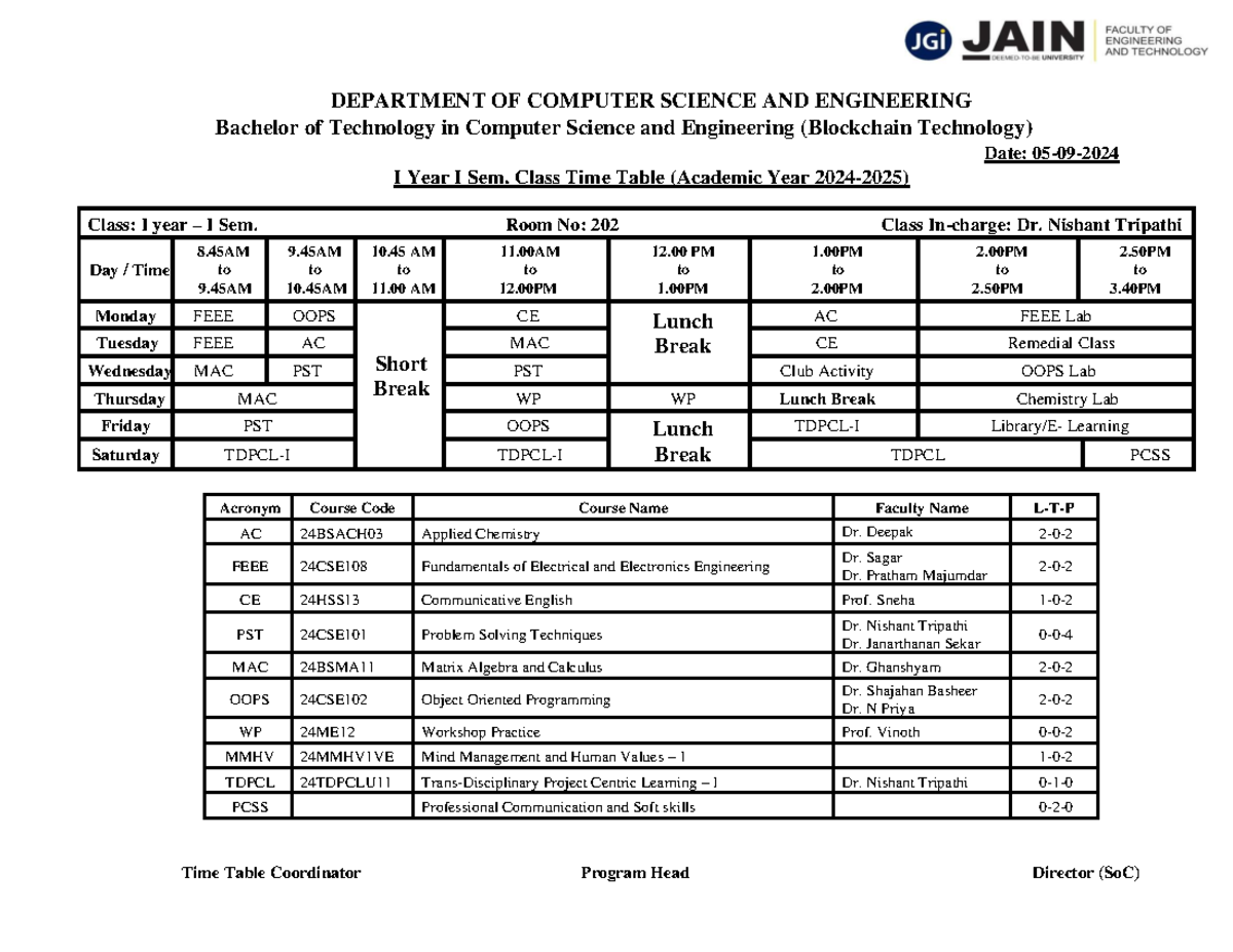 1st Sem Time Table for BCT - Bachelor of Technology in CSE - Studocu