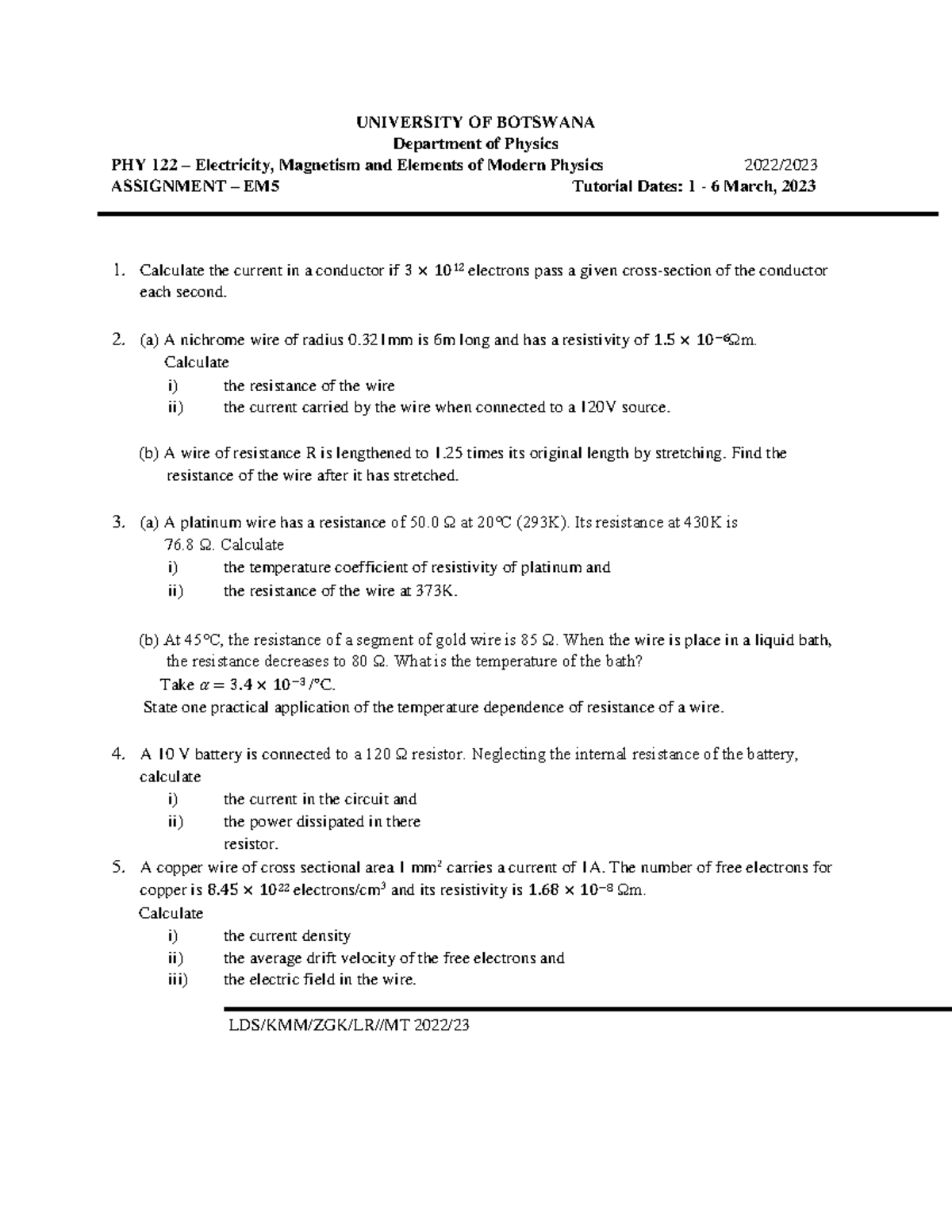 PHY 122 EM5 2023 - Electricity & Magnetism Assignment Solutions - Studocu