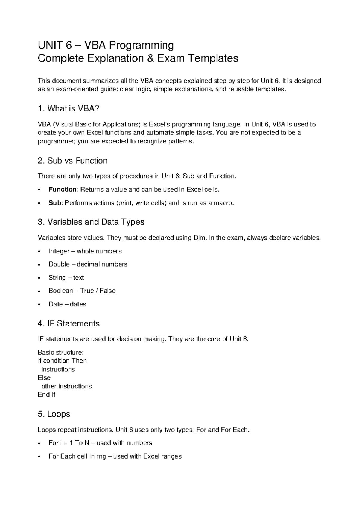 VBA Unit 6 Complete Guide & Exam Templates - Studocu