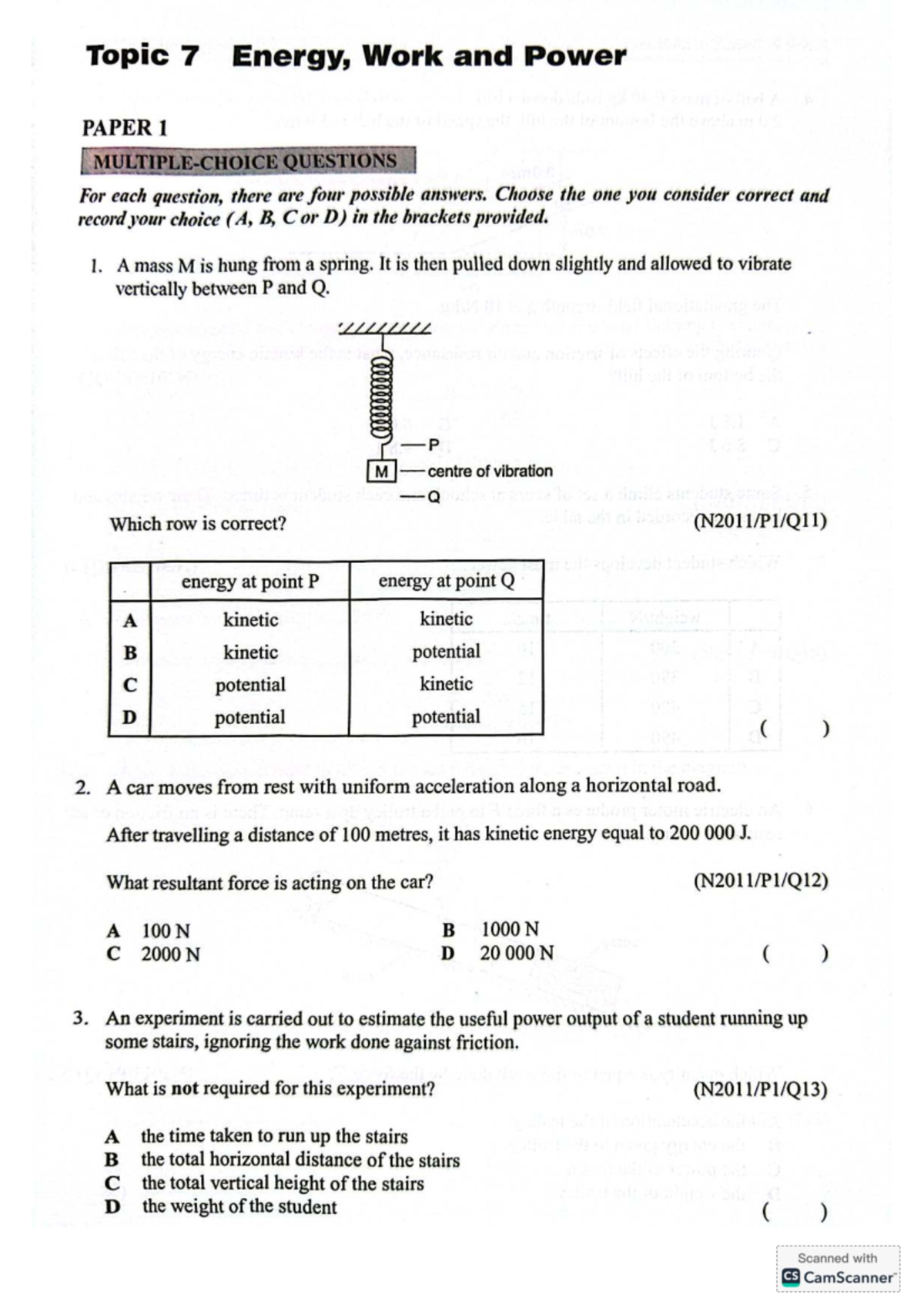 Work, Energy, and Power MCQ (Topic 7) - Paper 1 Questions - Studocu