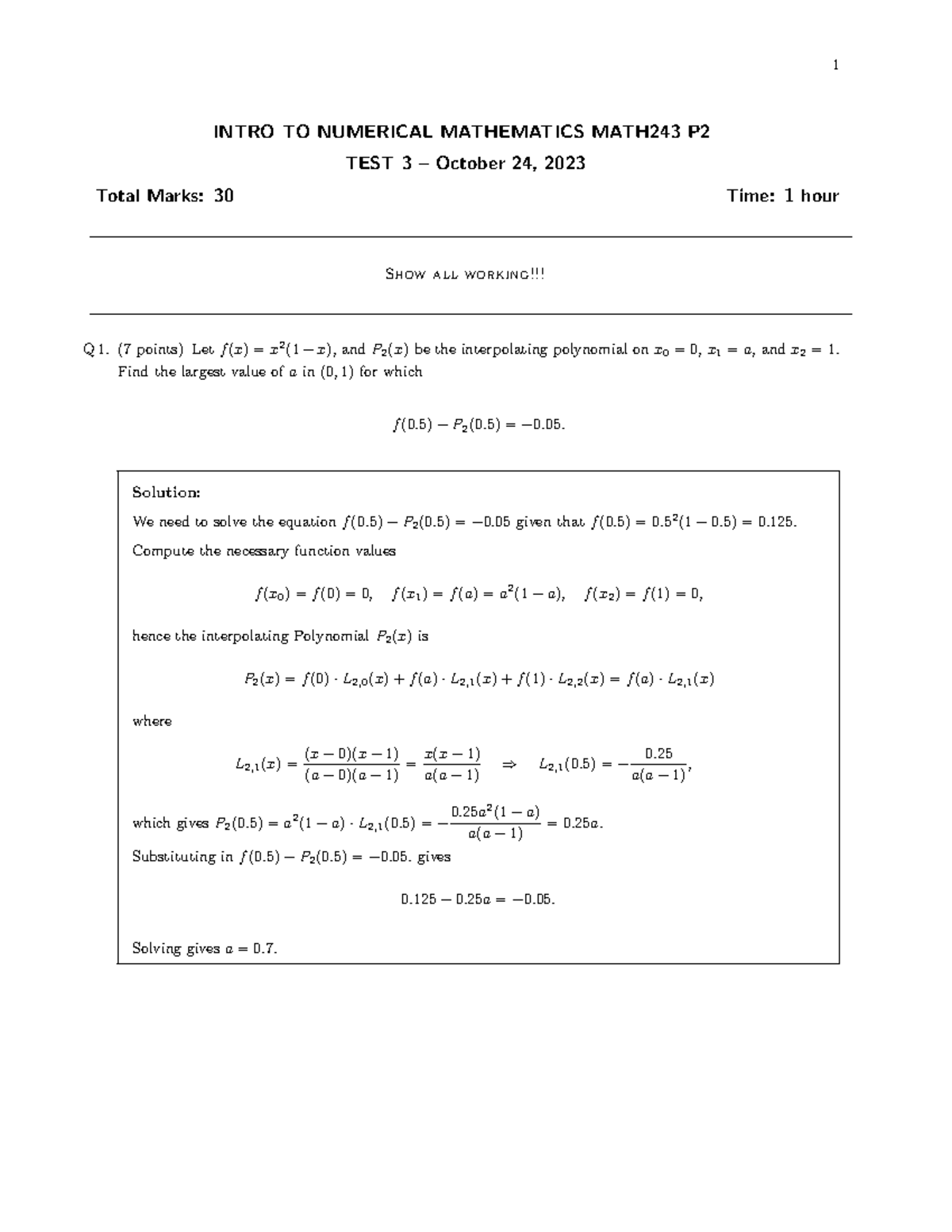 Math243-2024 Numerical Mathematics Test 3 Solutions - Studocu