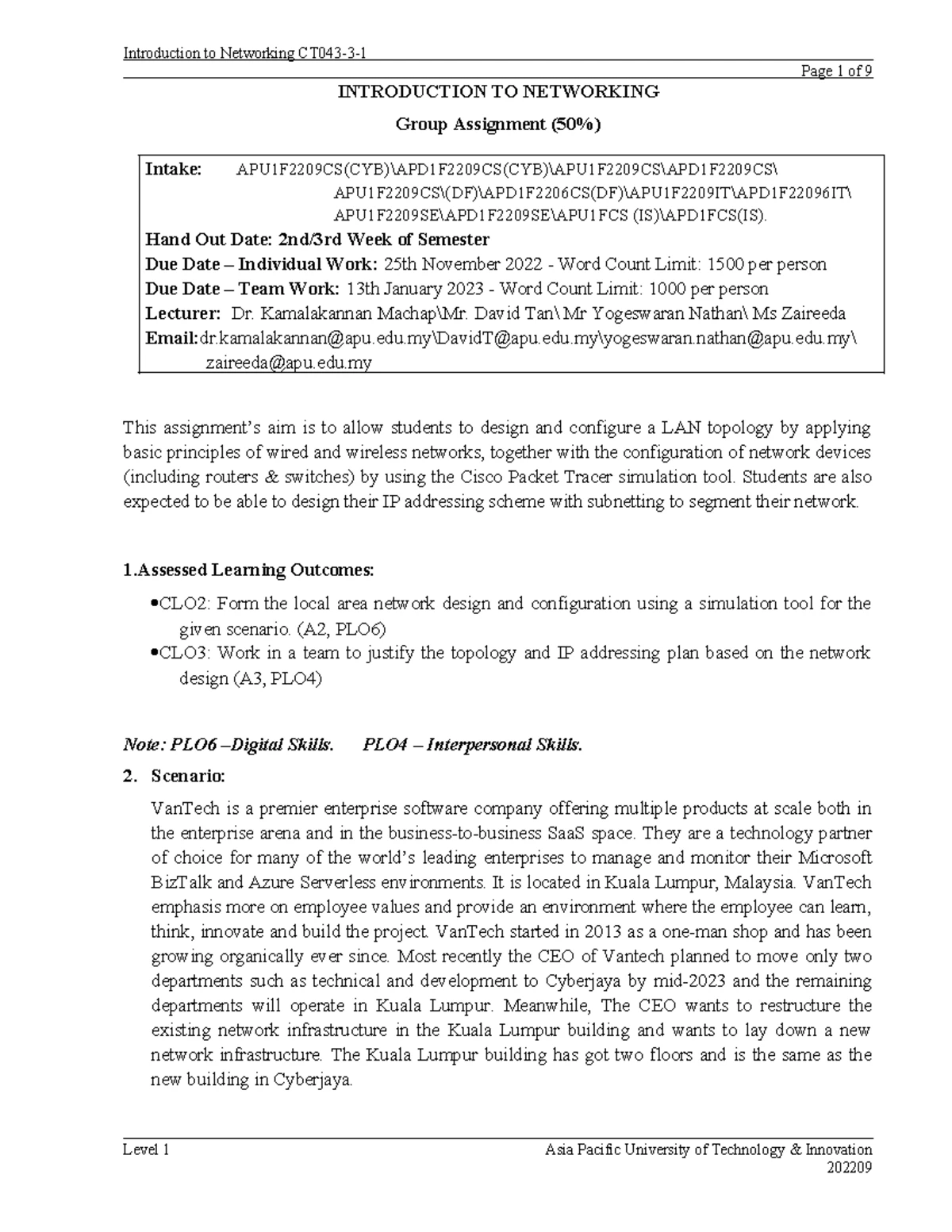 Networking Group Assignment: Introduction to Networking APD1F2307CS(CYB ...