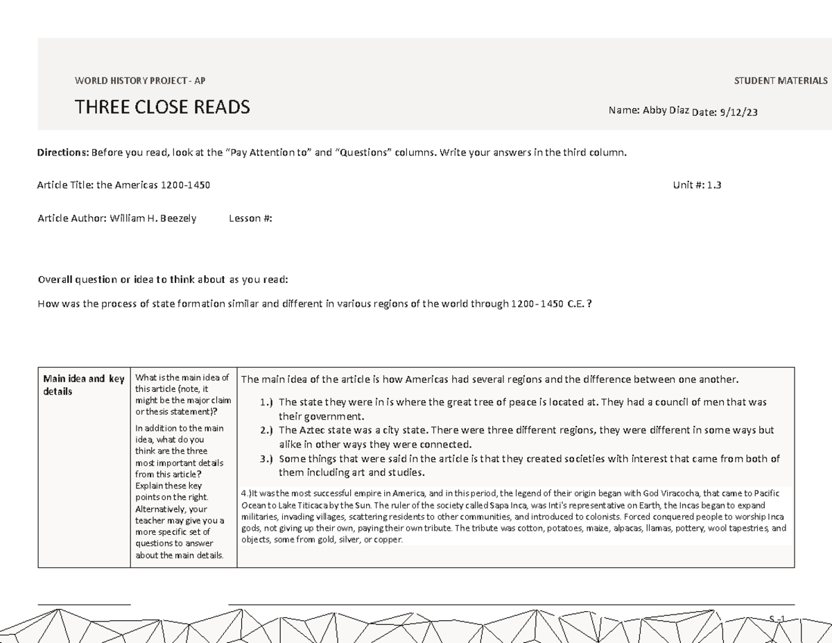 A973D588 AP World History Project: Three Close Reads on the Americas ...
