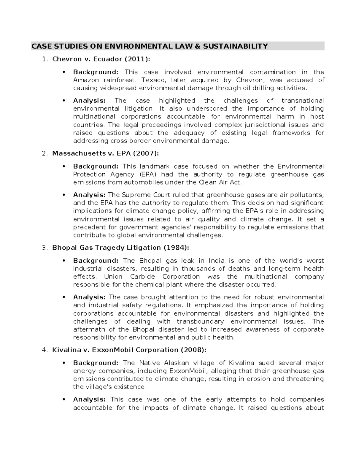 CASE STUDIES ON ENVIRONMENTAL LAW: Impacts & Legal Challenges - Studocu