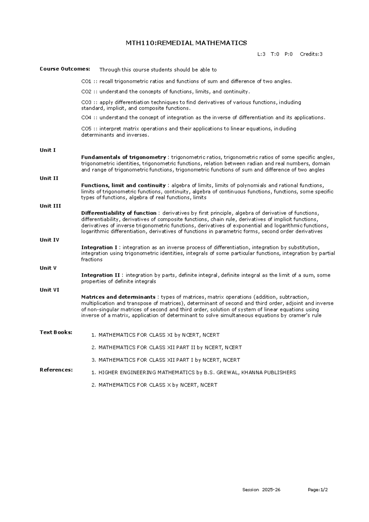 MTH110: Remedial Mathematics Course Syllabus and Outcomes - Studocu