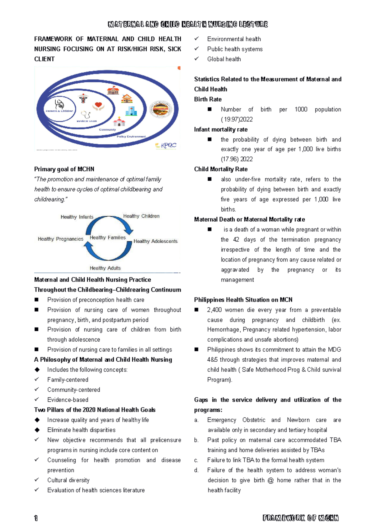 MCHN 101: Framework Lecture Notes on Maternal and Child Health - Studocu