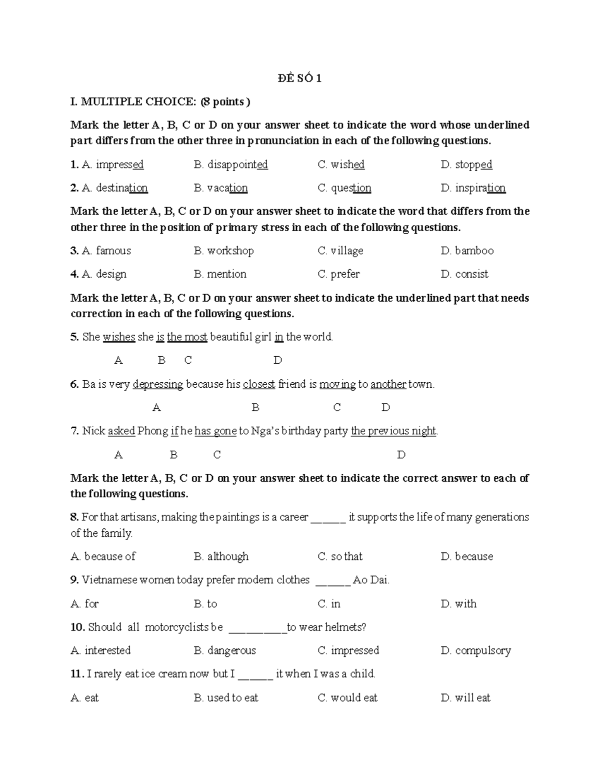 ĐỀ SỐ 1: MULTIPLE CHOICE & WRITING EXERCISES - Studocu
