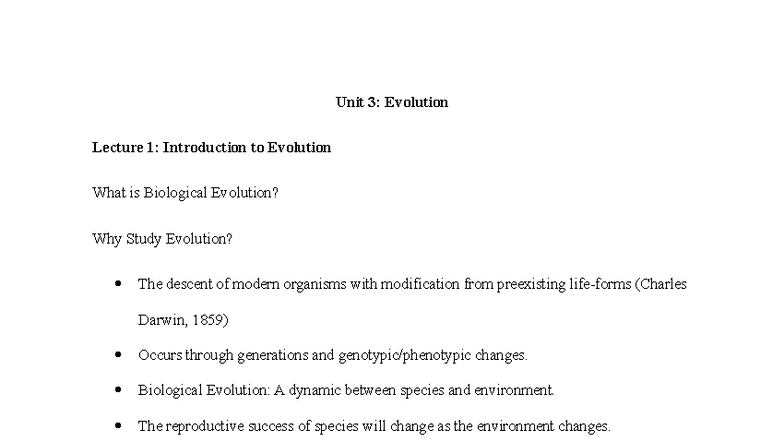 Unit 3: Evolution Lecture Notes - Understanding Biological Evolution ...