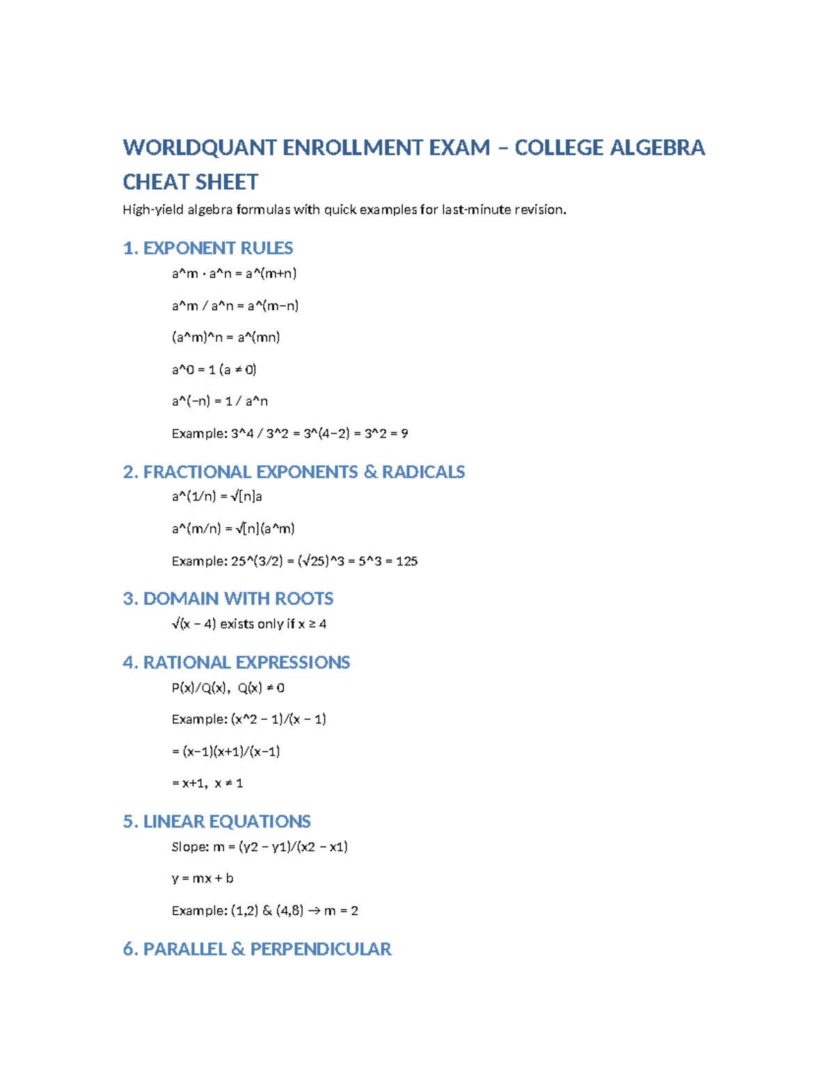 WQU College Algebra Cheat Sheet - WORLDQUANT ENROLLMENT EXAM – COLLEGE ...