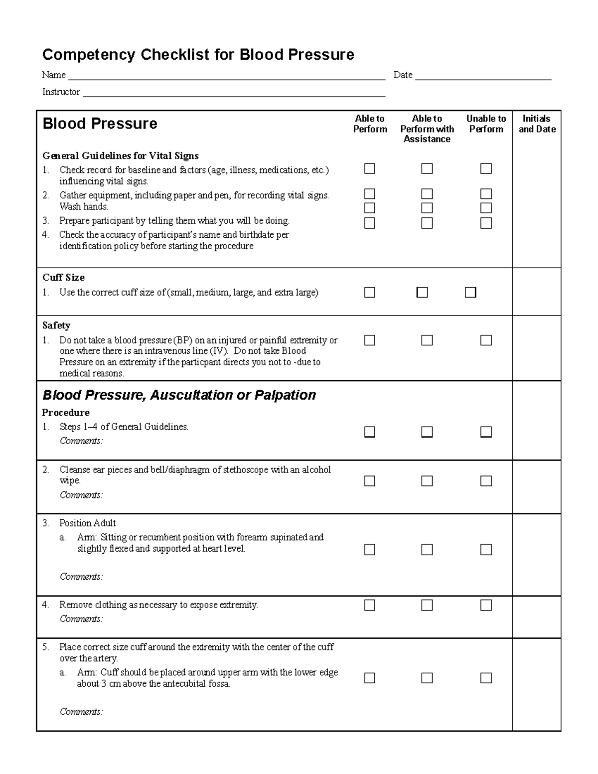 Competency Checklist for Blood Pressure - ) influencing vital signs ...
