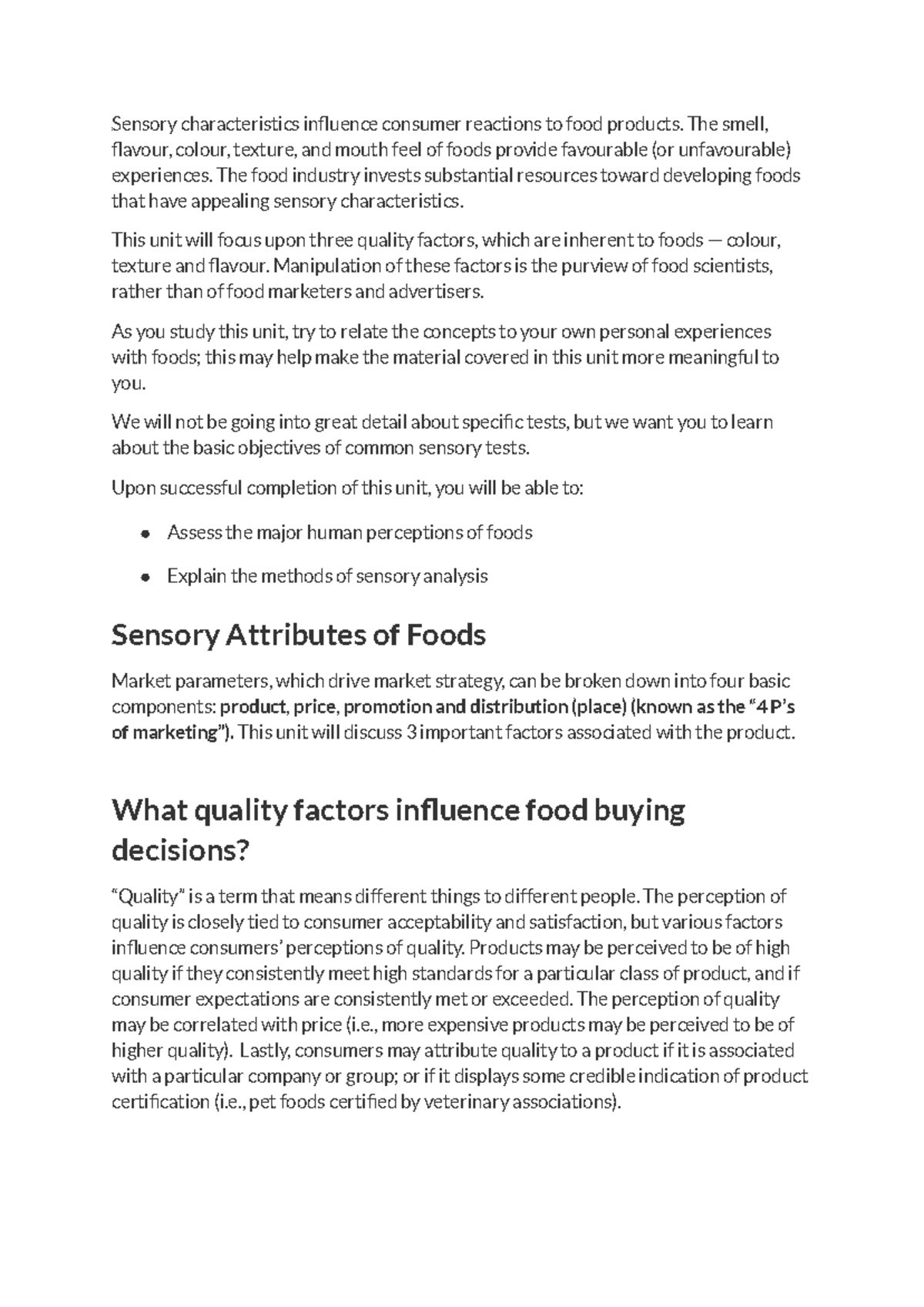 Unit 11: Sensory Attributes and Their Impact on Food Quality - Studocu