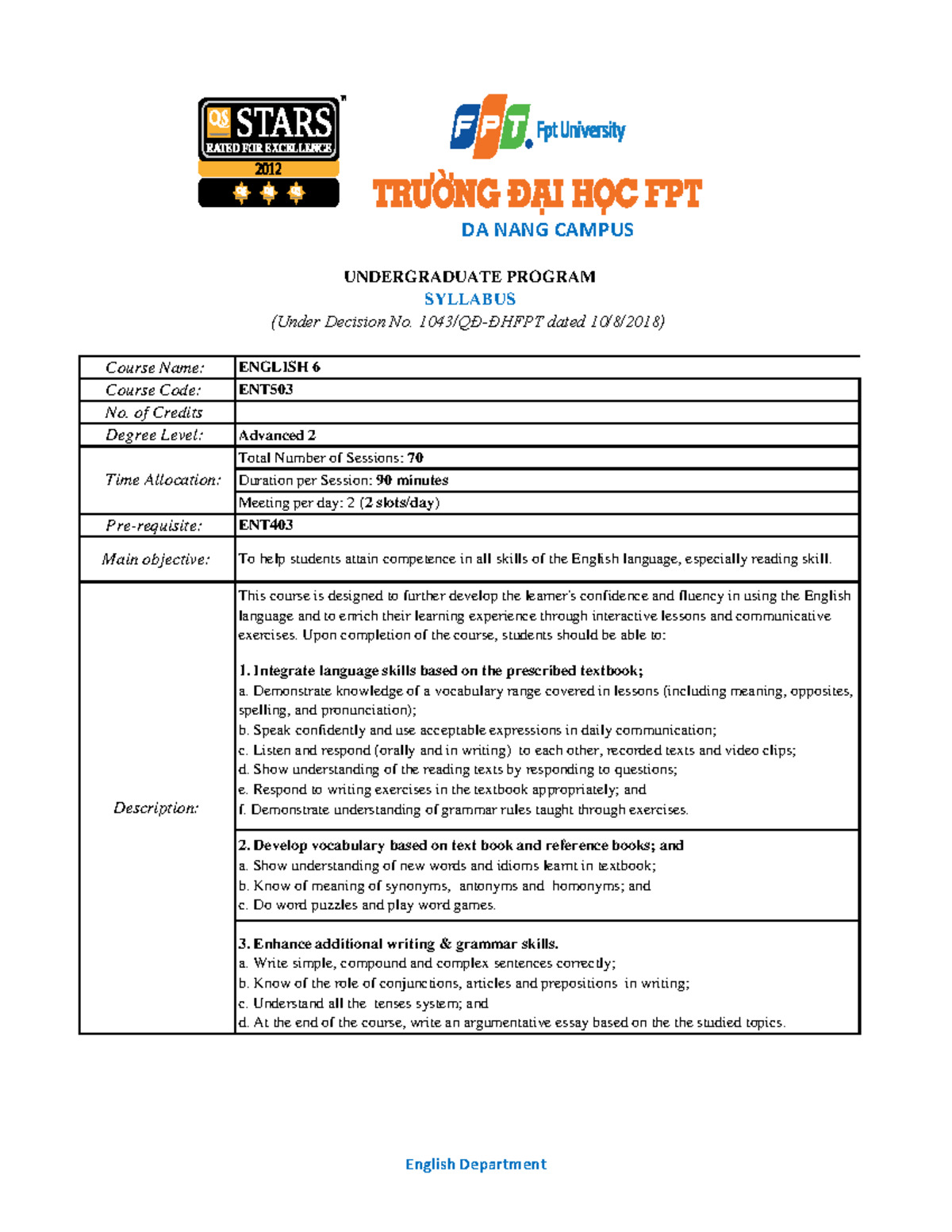 ENT503 Syllabus - 2. Develop vocabulary based on text book and ...