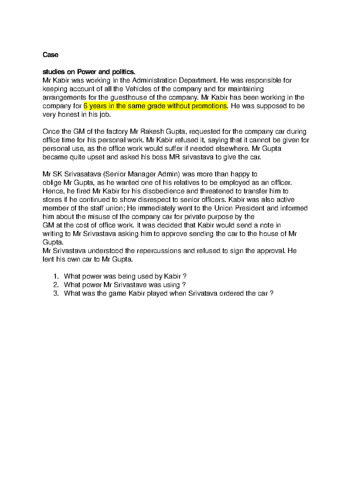 Power/Politics Case Study Analysis & Discussion Questions - Studocu