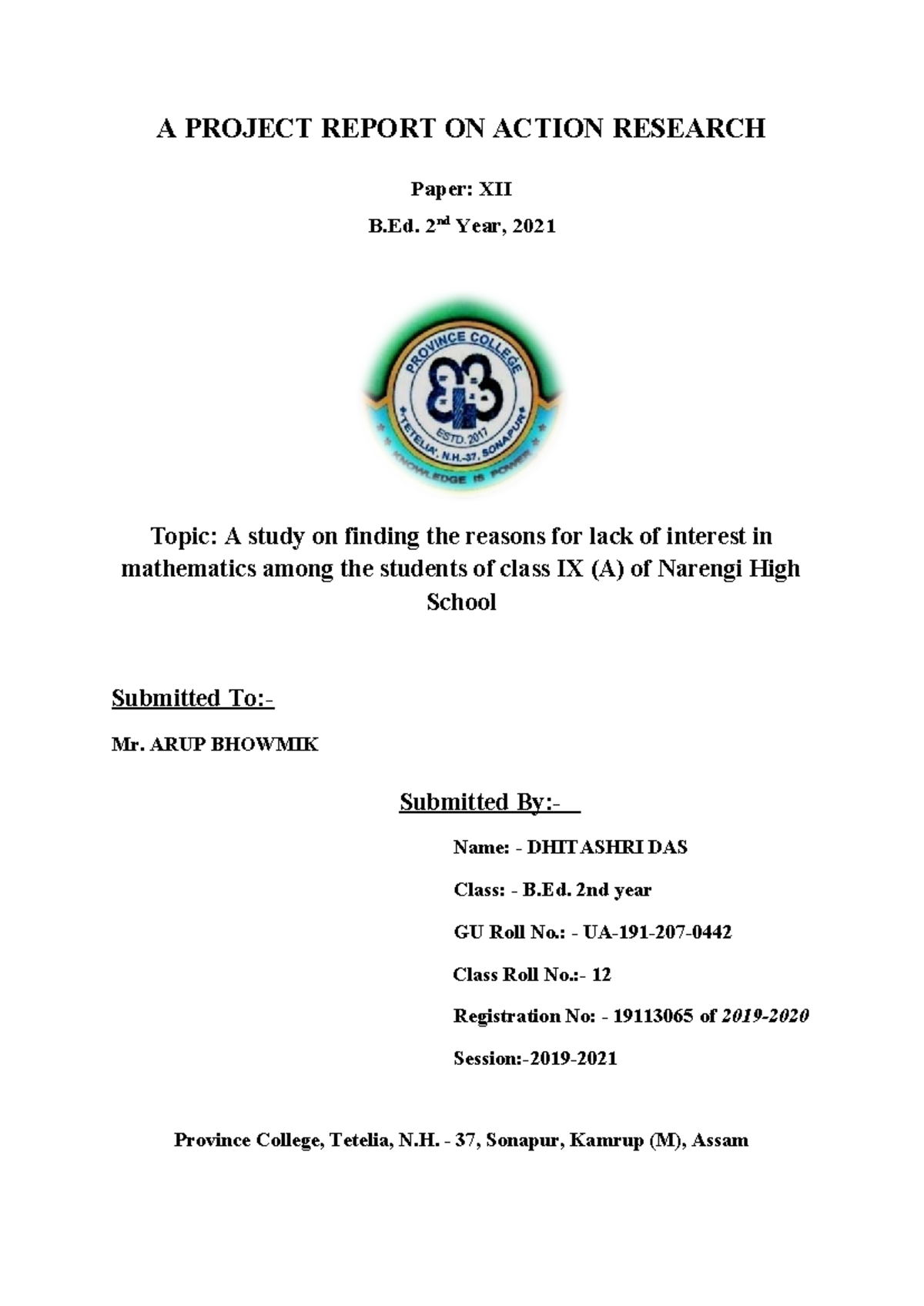 Action Research Report: Addressing Math Interest Issues in Class IX (A ...