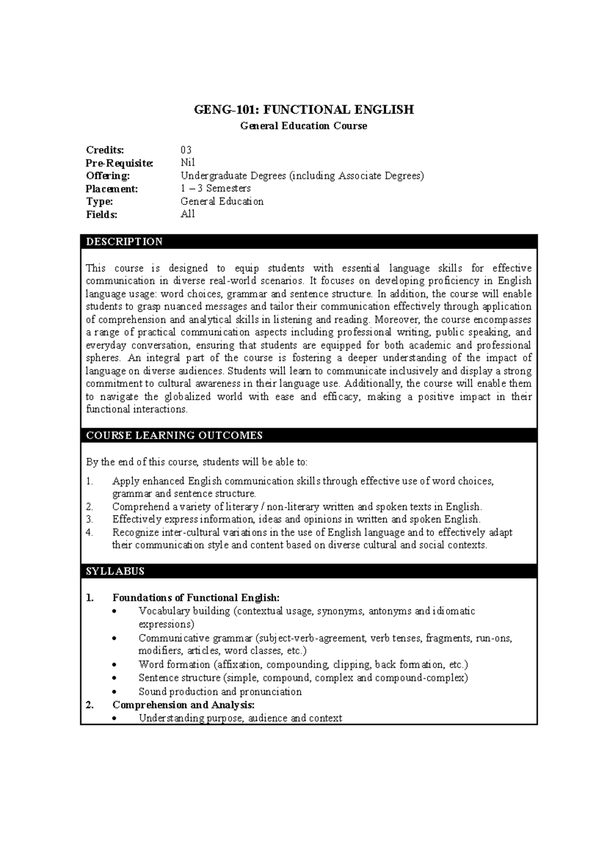 GENG-101 Functional English Course Overview and Learning Outcomes - Studocu