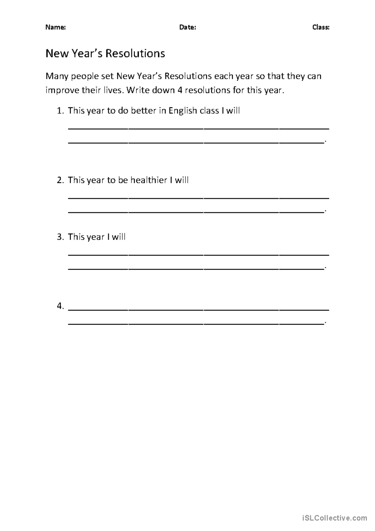 New Year Resolutions - Write down 4 resolutions for this year. This ...