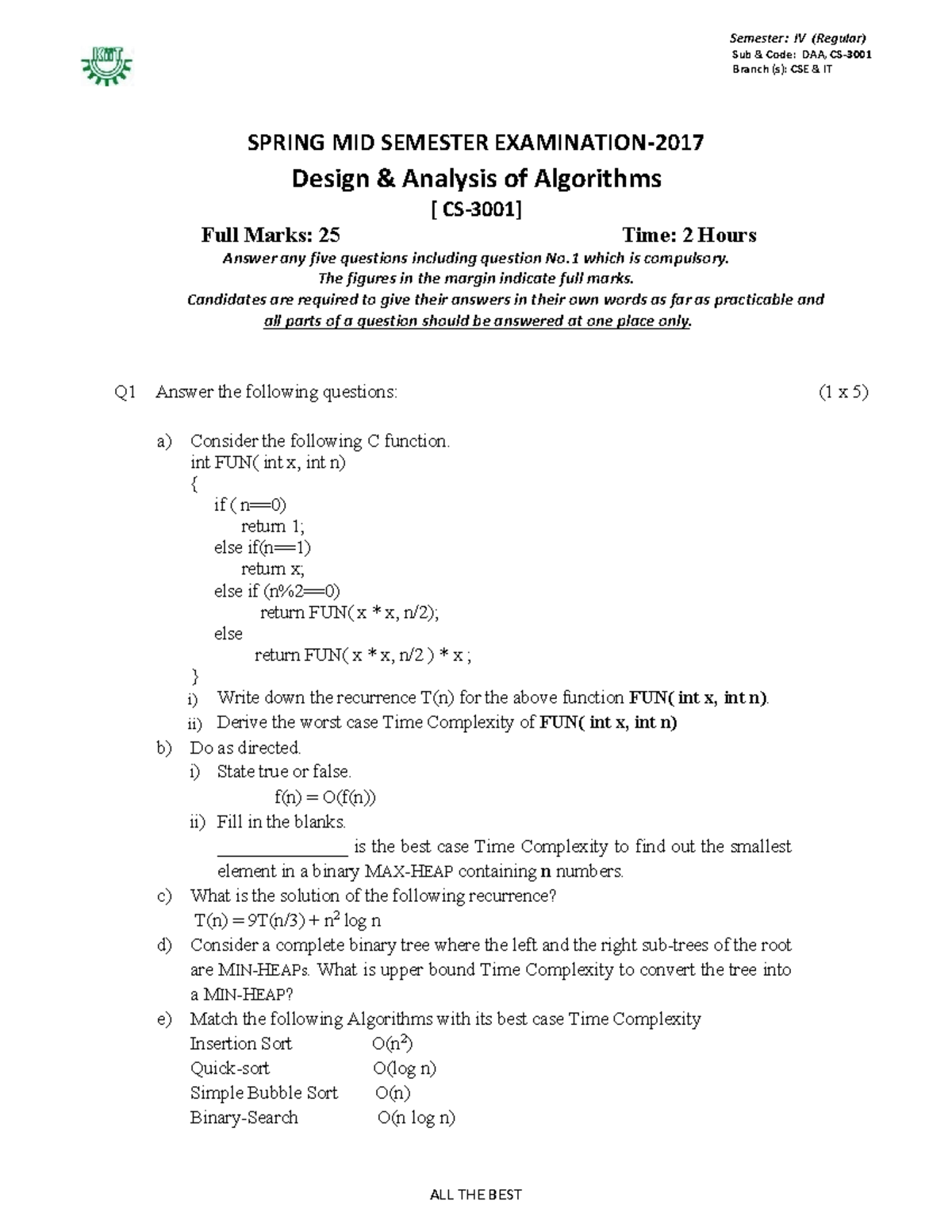 CS-3001 DAA Mid Semester Exam - Design & Analysis of Algorithms - Studocu