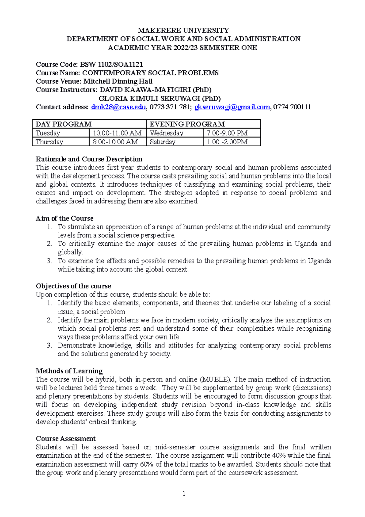 BSW 1102/SOA Course Outline: Contemporary Social Problems Overview ...