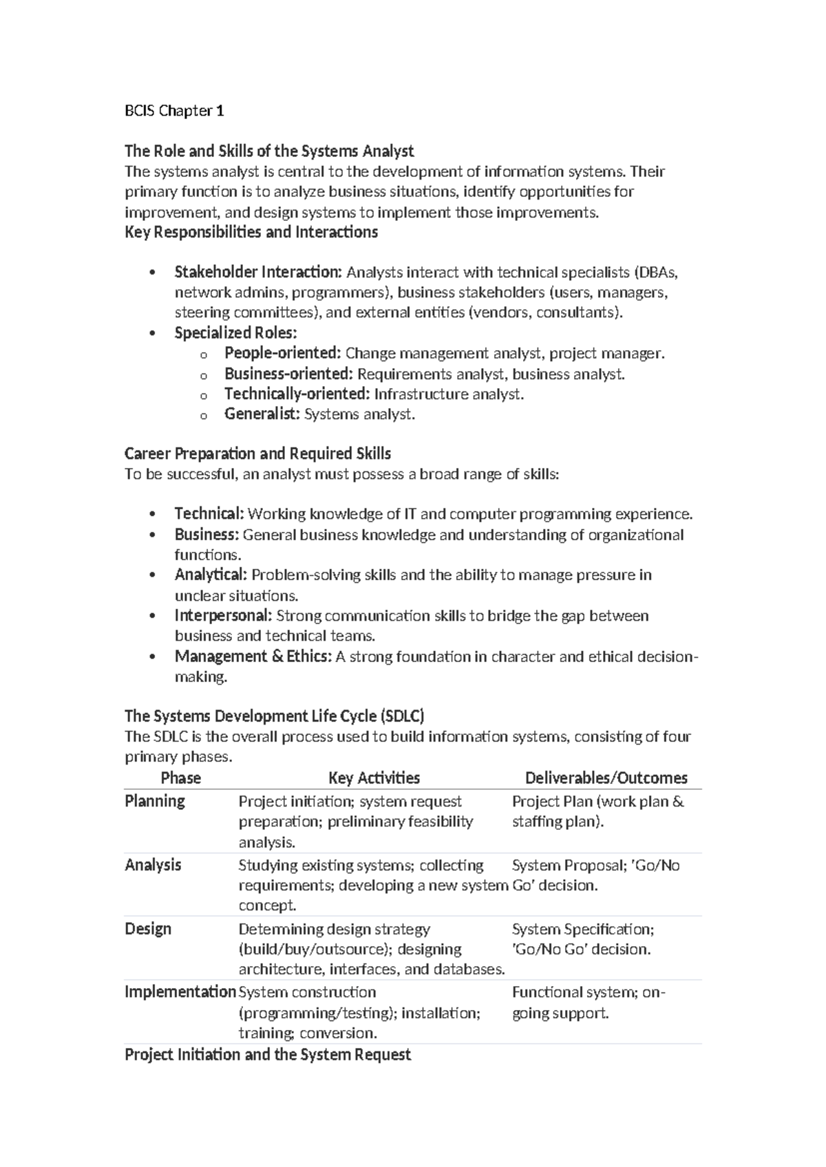 BCIS Chapter 1: The Role and Skills of the Systems Analyst - Studocu
