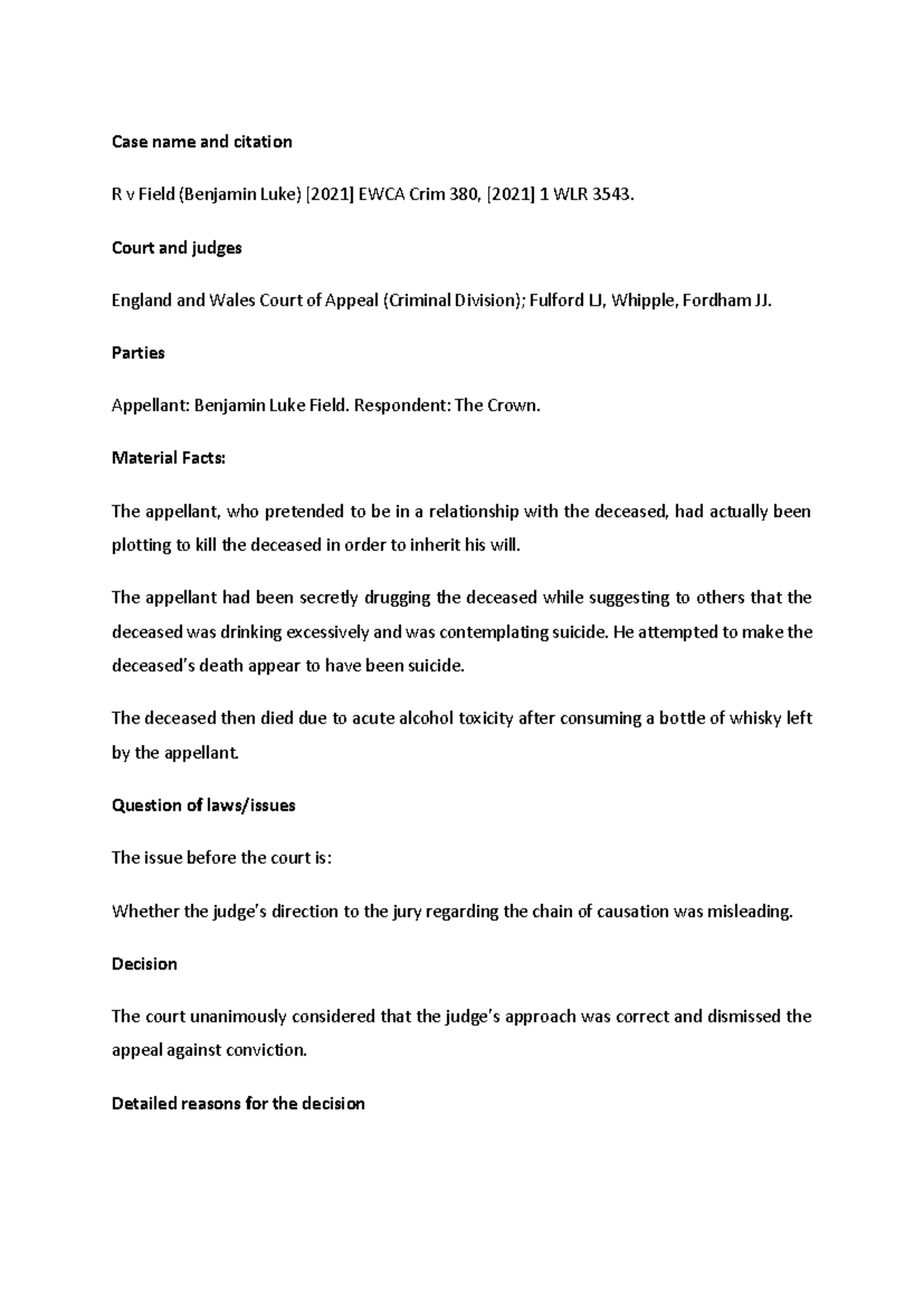 Criminal Law Case Note - R v Field [2021] Analysis of Causation Issues - Document Preview