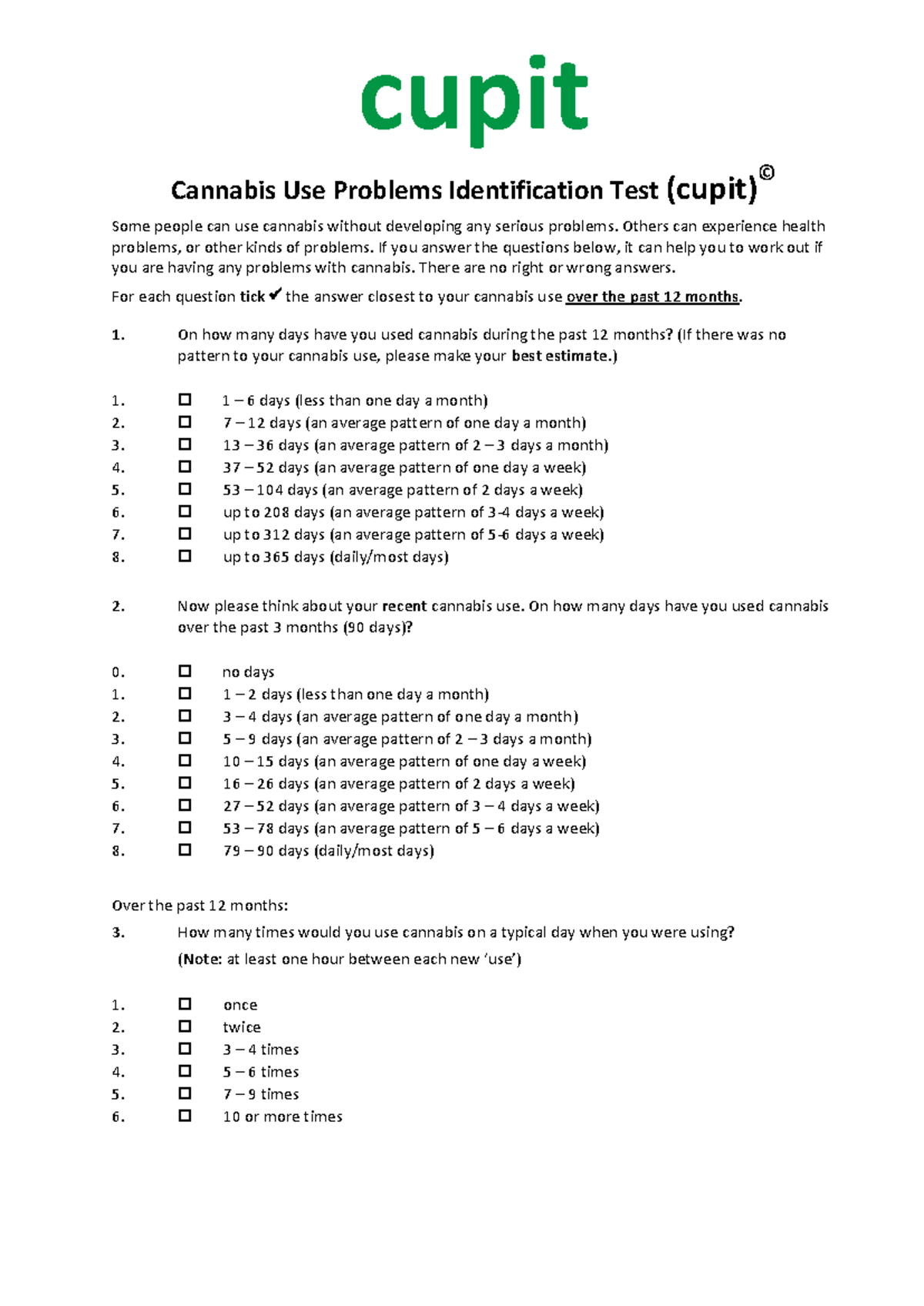 Cupit Instrumento - cupit Cannabis Use Problems Identification Test ...