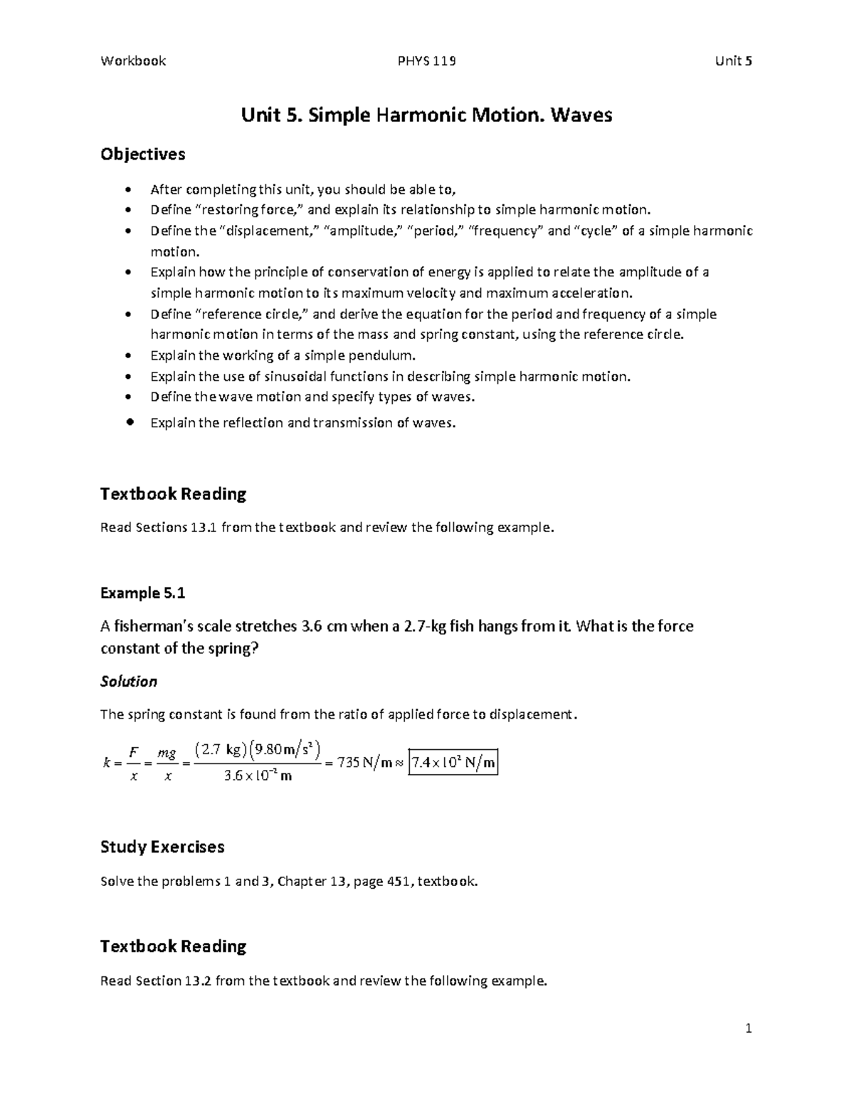 PHYS 119 Unit5 coursework - Unit 5. Simple Harmonic Motion. Waves ...