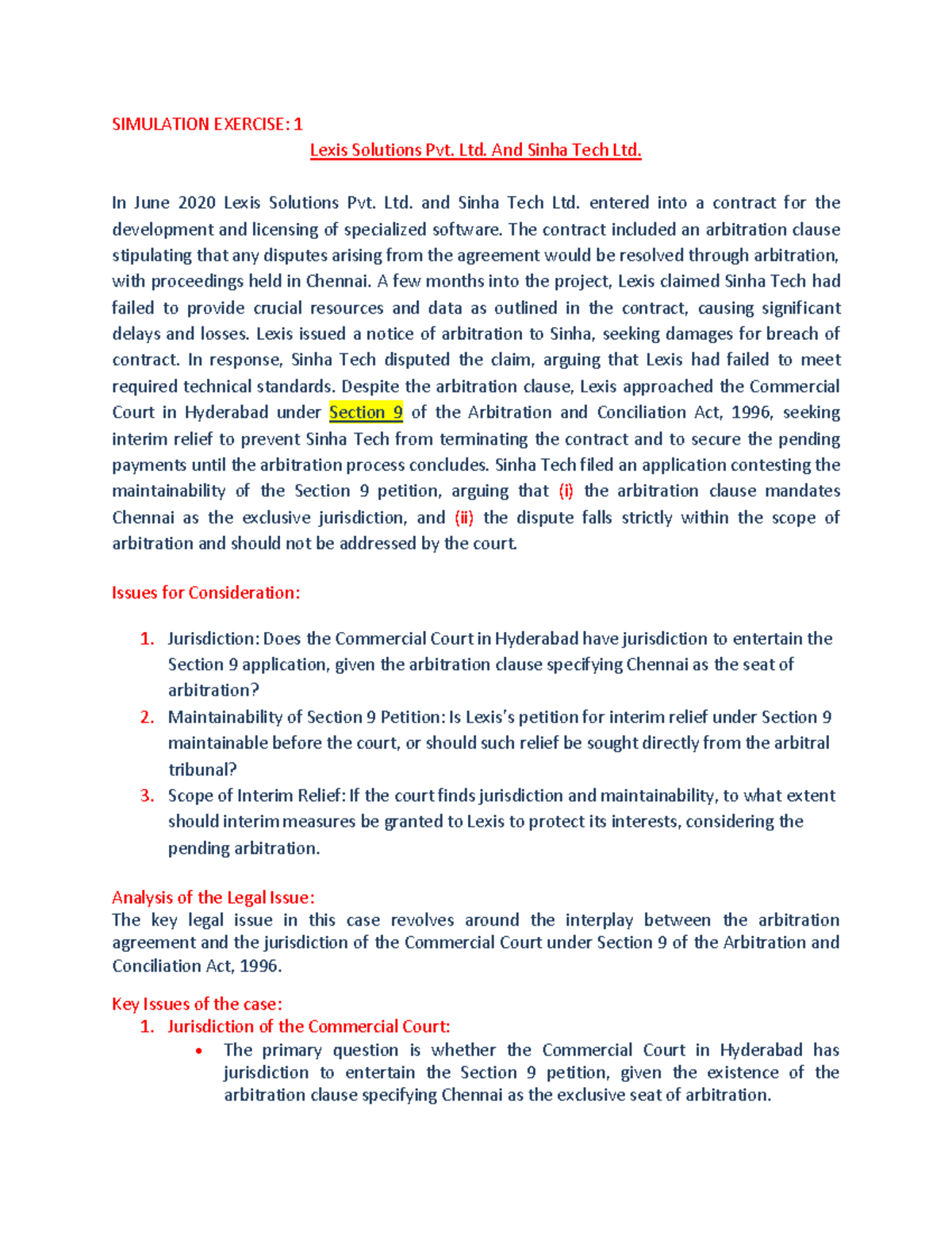 ADR Simulation Exercise 1: Lexis Solutions vs. Sinha Tech Ltd. - Studocu