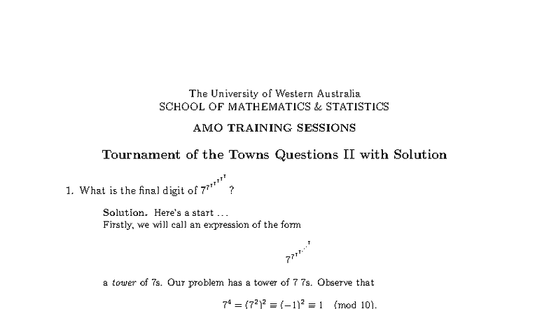 ToT Questions II with Solutions - UWA Math Stats Training - Studocu