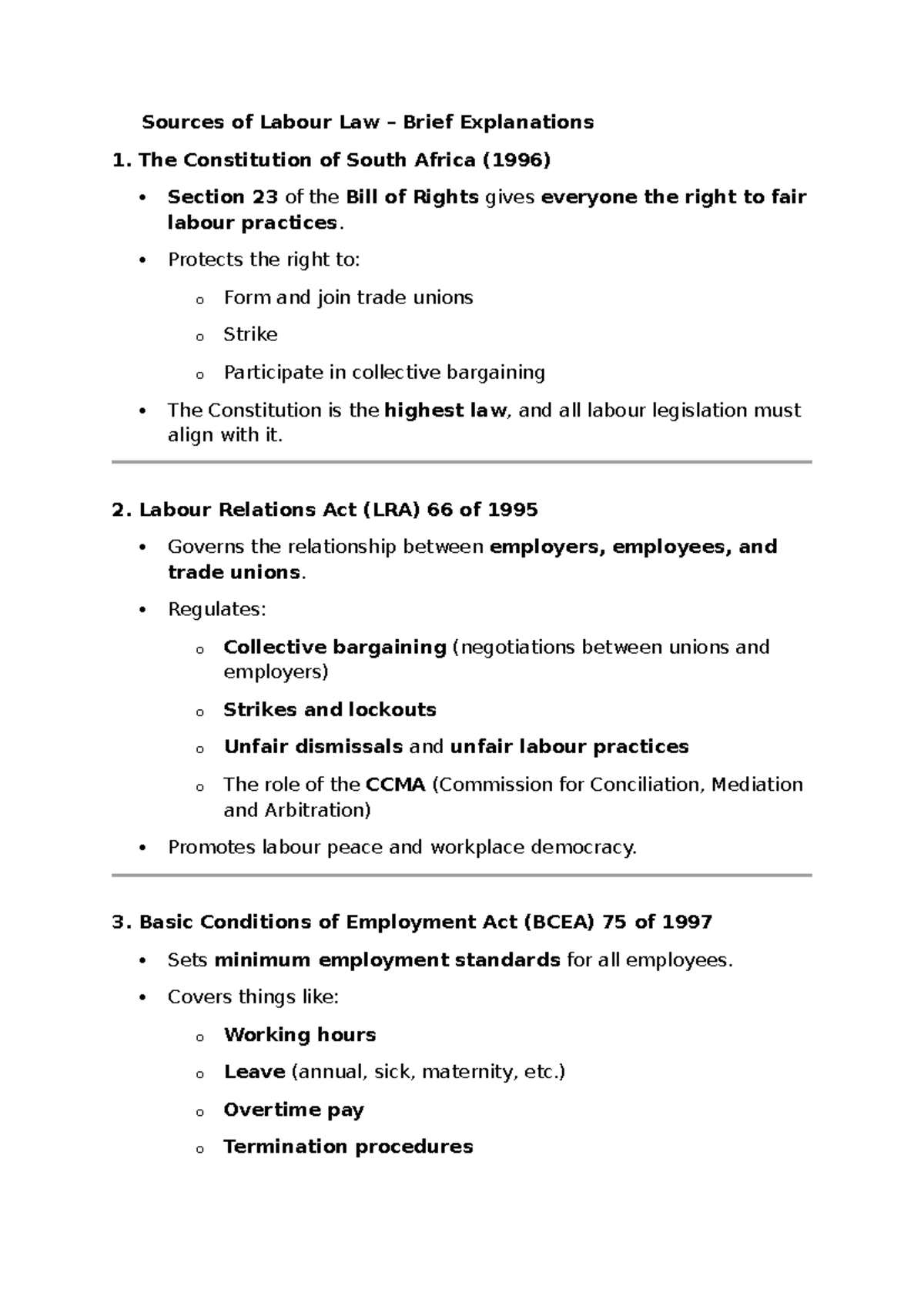 Labour Law Overview: Key Sources & Their Implications (SA) - Studocu
